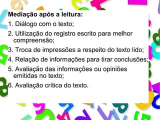 Mediação após a leitura: 
1. Diálogo com o texto; 
2. Utilização do registro escrito para melhor 
compreensão; 
3. Troca de impressões a respeito do texto lido; 
4. Relação de informações para tirar conclusões; 
5. Avaliação das informações ou opiniões 
emitidas no texto; 
6. Avaliação crítica do texto. 
 