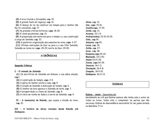 ESTUDO BÍBLICO – Márcio Vieira de Souza (org) 11
(4) A arca trazida a Jerusalém, cap. 15.
(5) A grande festa de regozijo, cap. 16.
(6) O desejo do rei de construir um templo para o Senhor não
lhe foi concedido, cap. 17.
(7) As grandes vitórias militares, caps. 18-20.
(8) O censo pecaminoso, cap. 21.
(9) A preparação dos materiais para o templo e a sua construção
a cargo de Salomão, cap. 22.
(10) A posterior organização dos assuntos do reino, caps. 3-27.
(11) Últimas instruções de Davi ao povo e a seu filho Salomão;
Salomão se torna rei, caps. 28-29; morte de Davi, 29:28.
Segundo Crônicas
I – O reinado de Salomão
(1) Os sacrifícios de Salomão em Gibeom, e sua sábia eleição,
cap.1.
(2) A construção do templo, caps. 2-4.
(3) A glória do Senhor enche a casa, cap. 5.
(4) A oração de Salomão e dedicação do templo, cap. 6.
(5) O Senhor de novo aparece a Salomão de noite, cap. 7.
(6) A prosperidade e a fama de Salomão, cap. 8.
(7) A visita de rainha de Sabá e a morte de Salomão, cap. 9
II – A insensatez de Roboão, que causou a divisão do reino,
cap. 10.
III - A história de vários reinados desde Roboão até
Zedequias.
Abias, cap. 13;
Asa, caps. 14-16;
Josafá,caps. 17-20;
Jorão, cap. 21;
Acazias, 22:1-9;
Atalia(rainha), 22:10-23:15;
Joás, cap.24;
Amazias, cap.25;
Uzias, cap. 26;
Jotão, cap. 27;
Acaz, cap. 28;
Ezequias,caps.29-32;
Manassés, 33:1-20;
Amom 33:21-25;
Josias, caps.34-35;
Jeoacaz, 36:1-3;
Jeoiaquim, 36:4-8;
Joaquim, 36:9-10;
Zedequias, 36:11-13.
Esdras – Autor – Desconhecido
Geralmente se crê que Esdras embora não tenha sido o autor de
todos os livros, tenha sido o compilador da partes que não
escreveu. Esdras de descendência sacerdotal foi um judeu exilado
na Babilônia 7:1-6.
II CRÔNICAS
ESDRAS
 