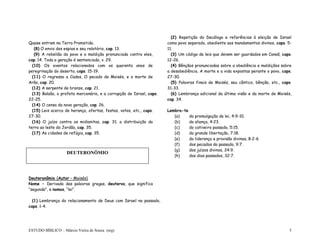 ESTUDO BÍBLICO – Márcio Vieira de Souza (org) 5
Quase entram na Terra Prometida.
(8) O envio dos espias e seu relatório, cap. 13.
(9) A rebelião do povo e a maldição pronunciada contra eles,
cap. 14. Toda a geração é sentenciada, v. 29.
(10) Os eventos relacionados com os quarenta anos de
peregrinação do deserto, caps. 15-19.
(11) O regresso a Cades, O pecado de Moisés, e a morte de
Arão, cap. 20.
(12) A serpente de bronze, cap. 21.
(13) Balaão, o profeta mercenário, e a corrupção de Israel, caps.
22-25.
(14) O censo da nova geração, cap. 26.
(15) Leis acerca de herança, ofertas, festas, votos, etc., caps.
27-30.
(16) O juízo contra os midianitas, cap. 31; a distribuição da
terra ao leste do Jordão, cap. 35.
(17) As cidades de refúgio, cap. 35.
Deuteronômio (Autor – Moisés)
Nome – Derivado das palavras gregas, deuteros, que significa
“segunda”, e nomos, “lei”.
(1) Lembrança do relacionamento de Deus com Israel no passado,
caps. 1-4.
(2) Repetição do Decálogo e referências à eleição de Israel
como povo separado, obediente aos mandamentos divinos, caps. 5-
11.
(3) Um código de leis que devem ser guardados em Canaã, caps.
12-26.
(4) Bênçãos pronunciadas sobre a obediência e maldições sobre
a desobediência. A morte e a vida expostas perante o povo, caps.
27-30.
(5) Palavras finais de Moisés, seu cântico, bênção, etc., caps.
31-33.
(6) Lembrança adicional da última visão e da morte de Moisés,
cap. 34.
Lembra-te
(a) da promulgação da lei, 4:9-10.
(b) da aliança, 4:23.
(c) do cativeiro passado, 5:15.
(d) da grande libertação, 7:18.
(e) da liderança e provisão divinas, 8:2-6
(f) dos pecados do passado, 9:7.
(g) dos juízos divinos, 24:9.
(h) dos dias passados, 32:7.
DEUTERONÔMIO
 