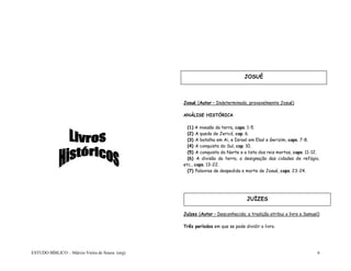 ESTUDO BÍBLICO – Márcio Vieira de Souza (org) 6
Josué (Autor – Indeterminado, provavelmente Josué)
ANÁLISE HISTÓRICA
(1) A invasão da terra, caps. 1-5.
(2) A queda de Jericó, cap. 6.
(3) A batalha em Ai, e Israel em Ebal e Gerizim, caps. 7-8.
(4) A conquista do Sul, cap. 10.
(5) A conquista do Norte e a lista dos reis mortos, caps. 11-12.
(6) A divisão da terra, a designação das cidades de refúgio,
etc., caps. 13-22.
(7) Palavras de despedida e morte de Josué, caps. 23-24.
Juízes (Autor – Desconhecido; a tradição atribui o livro a Samuel)
Três períodos em que se pode dividir o livro.
JOSUÉ
JUÍZES
 