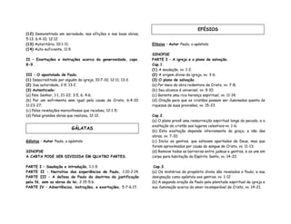 (12) Demonstrado em seriedade, nas aflições e nas boas obras,
5:13; 6;4-10; 12:12.
(13) Autoritário, 10:1-11.
(14) Auto-suficiente, 11:9.
II – Exortações e instruções acerca da generosidade, caps.
8-9.
III – O apostolado de Paulo.
(1) Desacreditado por alguém da igreja, 10:7-10; 12:11; 13:3.
(2) Sua autoridade, 2:9; 13:2.
(3) Autenticado:
(a) Pelo Senhor, 1:1, 21-22; 3:5, 6; 4:6;
(b) Por um sofrimento sem igual pela causa de Cristo, 6:4-10;
11:23-27;
(c) Pelas revelações maravilhosas que recebeu, 12:1-5;
(d) Pelas grandes obras que realizou, 12:12.
Gálatas – Autor Paulo, o apóstolo
SINOPSE
A CARTA PODE SER DIVIDIDA EM QUATRO PARTES.
PARTE I – Saudação e introdução, 1:1-9.
PARTE II – Narrativa das experiências de Paulo, 1:10-2:14.
PARTE III – A defesa de Paulo da doutrina da justificação
pela fé, sem as obras da lei, 2:15-5:6.
PARTE IV – Advertências, instruções, e exortações, 5:7-6:17.
Efésios – Autor Paulo, o apóstolo
SINOPSE
PARTE I – A igreja e o plano de salvação.
Cap.1.
(1) A saudação, vv. 1-2.
(2) A origem divina da igreja, vv. 3-6.
(3) O plano de salvação.
(a) Por meio da obra redentora de Cristo, vv. 7-8;
(b) Seu alcance é universal, vv. 9-10;
(c) Garante uma rica herança espiritual, vv. 11-14;
(d) Oração para que os cristãos possam ser iluminados quanto às
riquezas de suas provisões, vv. 15-23.
Cap.2.
(a) O plano provê uma ressurreição espiritual longe do pecado, e a
exaltação do cristão aos lugares celestiais vv. 1-6;
(b) Esta exaltação depende inteiramente da graça, e não das
obras, vv. 7-10;
(c) Inclui os gentios, que estavam apartados de Deus, mas que
foram aproximados por causa do sangue de Cristo, vv. 11-13;
(d) Remove todas as barreiras entre judeus e gentios, e os une em
corpo para habitação do Espírito Santo, vv. 14-22.
Cap.3.
(a) Os mistérios do propósito divino são revelados a Paulo, e sua
designação como apóstolo aos gentios, vv. 1-12
(b) A segunda oração de Paulo pela plenitude espiritual da igreja e
sua iluminação acerca do amor incomparável de Cristo, vv. 14-21.
GÁLATAS
EFÉSIOS
 