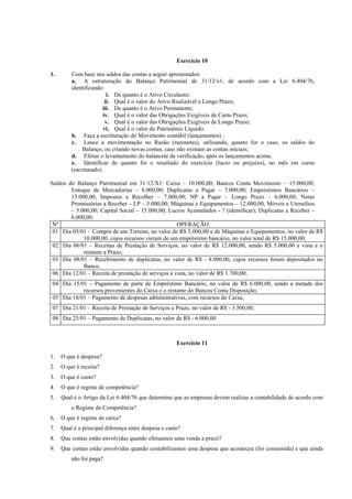 Exercício 10

1.       Com base nos saldos das contas a seguir apresentados:
         a. A estruturação do Balanço Patrimonial de 31/12/x1, de acordo com a Lei 6.404/76,
         identificando:
                         i. De quanto é o Ativo Circulante;
                        ii. Qual é o valor do Ativo Realizável a Longo Prazo;
                       iii. De quanto é o Ativo Permanente;
                       iv. Qual é o valor das Obrigações Exigíveis de Curto Prazo;
                        v. Qual é o valor das Obrigações Exigíveis de Longo Prazo;
                       vi. Qual é o valor do Patrimônio Líquido.
         b. Faça a escrituração do Movimento contábil (lançamentos) ;
         c. Lance a movimentação no Razão (razonetes), utilizando, quanto for o caso, os saldos do
              Balanço, ou criando novas contas, caso não existam as contas iniciais;
         d. Efetue o levantamento do balancete de verificação, após os lançamentos acima;
         e. Identificar de quanto foi o resultado do exercício (lucro ou prejuízo), no mês em curso
         (escriturado).

Saldos do Balanço Patrimonial em 31/12/X1: Caixa – 10.000,00; Bancos Conta Movimento – 15.000,00;
        Estoque de Mercadorias – 8.000,00; Duplicatas a Pagar – 7.000,00; Empréstimos Bancários –
        13.000,00; Impostos a Recolher – 7.000,00; NP a Pagar – Longo Prazo – 6.000,00; Notas
        Promissórias a Receber – LP – 5.000,00; Máquinas e Equipamentos – 12.000,00; Móveis e Utensílios
        – 5.000,00; Capital Social – 15.000,00; Lucros Acumulados - ? (identificar); Duplicatas a Receber –
        6.000,00.
 Nº                                                 OPERAÇÃO
 01 Dia 05/01 – Compra de um Terreno, no valor de R$ 5.000,00 e de Máquinas e Equipamentos, no valor de R$
             10.000,00, cujos recursos vieram de um empréstimo bancário, no valor total de R$ 15.000,00;
 02 Dia 06/01 – Receitas de Prestação de Serviços, no valor de R$ 12.000,00, sendo R$ 5.000,00 a vista e o
             restante a Prazo;
 03 Dia 08/01 – Recebimento de duplicatas, no valor de R$ - 8.000,00, cujos recursos foram depositados no
             Banco.
 06 Dia 12/01 – Receita de prestação de serviços a vista, no valor de R$ 1.700,00;
04 Dia 15/01 – Pagamento de parte de Empréstimo Bancário, no valor de R$ 6.000,00, sendo a metade dos
           recursos provenientes do Caixa e o restante do Bancos Conta Disposição;
05 Dia 18/01 – Pagamento de despesas administrativas, com recursos do Caixa;
07 Dia 21/01 – Receita de Prestação de Serviços a Prazo, no valor de R$ - 3.500,00;
08 Dia 25/01 – Pagamento de Duplicatas, no valor de R$ - 6.000,00



                                                      Exercício 11

1.   O que é despesa?
2.   O que é receita?
3.   O que é custo?
4.   O que é regime de competência?
5.   Qual é o Artigo da Lei 6.404/76 que determina que as empresas devem realizar a contabilidade de acordo com
         o Regime de Competência?
6.   O que é regime de caixa?
7.   Qual é a principal diferença entre despesa e custo?
8.   Que contas estão envolvidas quando efetuamos uma venda a prazo?
9.   Que contas estão envolvidas quando contabilizamos uma despesa que aconteceu (foi consumida) e que ainda
         não foi paga?
 