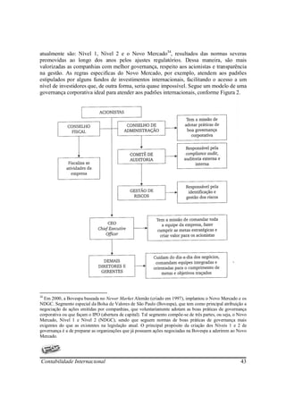 atualmente são: Nível 1, Nível 2 e o Novo Mercado34, resultados das normas severas
promovidas ao longo dos anos pelos ajustes regulatórios. Dessa maneira, são mais
valorizadas as companhias com melhor governança, respeito aos acionistas e transparência
na gestão. As regras especificas do Novo Mercado, por exemplo, atendem aos padrões
estipulados por alguns fundos de investimentos internacionais, facilitando o acesso a um
nível de investidores que, de outra forma, seria quase impossível. Segue um modelo de uma
governança corporativa ideal para atender aos padrões internacionais, conforme Figura 2.




34
  Em 2000, a Bovespa baseada no Newer Market Alemão (criado em 1997), implantou o Novo Mercado e os
NDGC. Segmento especial da Bolsa de Valores de São Paulo (Bovespa), que tem como principal atribuição a
negociação de ações emitidas por companhias, que voluntariamente adotam as boas práticas de governança
corporativa ou que façam o IPO (abertura de capital). Tal segmento compõe-se de três partes, ou seja, o Novo
Mercado, Nível 1 e Nível 2 (NDGC), sendo que seguem normas de boas práticas de governança mais
exigentes do que as existentes na legislação atual. O principal propósito da criação dos Níveis 1 e 2 de
governança é a de preparar as organizações que já possuem ações negociadas na Bovespa a aderirem ao Novo
Mercado.




Contabilidade Internacional                                                                             43
 