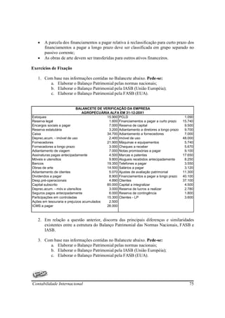 •   A parcela dos financiamentos a pagar relativa á reclassificação para curto prazo dos
       financiamentos a pagar a longo prazo deve ser classificada em grupo separado no
       passivo corrente;
   •   As obras de arte devem ser transferidas para outros ativos financeiros.

Exercícios de Fixação

   1. Com base nas informações contidas no Balancete abaixo. Pede-se:
        a. Elaborar o Balanço Patrimonial pelas normas nacionais;
        b. Elaborar o Balanço Patrimonial pela IASB (União Européia);
        c. Elaborar o Balanço Patrimonial pela FASB (EUA).


                            BALANCETE DE VERIFICAÇÃO DA EMPRESA
                                AGROPECUÁRIA ALFA EM 31-12-20X1
Estoques                                   15.900 PCLD                                      1.090
Reserva legal                               1.600 Financiamentos a pagar a curto prazo     15.740
Encargos sociais a pagar                    7.000 Reserva de capital                        9.500
Reserva estatutária                         3.200 Adiantamento a diretores a longo prazo    9.700
Caixa                                      34.700 Adiantamento a fornecedores               7.000
Deprec.acum. - imóvel de uso                2.400 Imóvel de uso                            48.000
Fornecedores                               21.900 Máquinas e equipamentos                   5.740
Fornecedores a longo prazo                  3.000 Cheques a receber                         5.670
Adiantamento de viagem                      7.000 Notas promissórias a pagar                9.100
Assinaturas pagas antecipadamente           4.500 Marcas e patentes                        17.650
Móveis e utensílios                         9.800 Alugueis recebidos antecipadamente        8.250
Bancos                                     19.350 Telefones a pagar                         3.550
Obras de arte                              14.500 Salários a pagar                          3.120
Adiantamento de clientes                    5.070 Ajustes de avaliação patrimonial         11.300
Dividendos a pagar                          8.900 Financiamentos a pagar a longo prazo     40.100
Desp.pré-operacionais                       4.890 Clientes                                 37.100
Capital subscrito                          85.000 Capital a integralizar                    4.500
Deprec.acum. - móv.e utensílios             3.000 Reserva de lucros a realizar              2.780
Seguros pagos antecipadamente               6.000 Reserva de contingência                   1.800
Participações em controladas               15.300 Clientes - LP                             3.600
Ações em tesouraria e prejuízos acumulados  2.500
ICMS a pagar                               26.000



   2. Em relação a questão anterior, discorra das principais diferenças e similaridades
      existentes entre a estrutura do Balanço Patrimonial das Normas Nacionais, FASB e
      IASB.

   3. Com base nas informações contidas no Balancete abaixo. Pede-se:
        a. Elaborar o Balanço Patrimonial pelas normas nacionais;
        b. Elaborar o Balanço Patrimonial pela IASB (União Européia);
        c. Elaborar o Balanço Patrimonial pela FASB (EUA).




Contabilidade Internacional                                                                   75
 