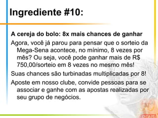 Ingrediente #7:Níveis de LiderançaCom esta nova fórmula, o alcance dos níveis de liderança se tornou muito mais simples, pois a cada grupo de vendas fechado (84 pessoas), você alcança mais um degrau em nossa escalada do sucesso.Agora, o mais impressionante é que você pode alcançar níveis de liderança a cada sorteio, ou seja, no mínimo 8x por mês! Onde você já viu algo tão dinâmico e poderoso como nossa proposta?Aliada a todas as novidades anteriores, chegou a hora de você se tornar um líder no nosso clube, melhorar sua vida e ajudar todos que você ama.