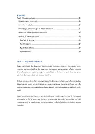 Sumário
Aula3 – Mapas conceituais.......................................................................................................... 20
Usos dos mapas conceituais.................................................................................................... 24
Como são traçados?................................................................................................................ 24
Metodologia para construção de mapas conceituais ............................................................. 25
Um modelo para mapeamento conceitual ............................................................................. 27
Modelos de mapas conceituais............................................................................................... 28
Tipo Teia De Aranha ............................................................................................................ 28
Tipo Fluxograma.................................................................................................................. 29
Tipo Entrada E Saída............................................................................................................ 29
Tipo Hierárquico.................................................................................................................. 30
Aula3 – Mapas conceituais
Mapas conceituais são diagramas bidimensionais mostrando relações hierárquicas entre
conceitos de uma disciplina. São diagramas hierárquicos que procuram refletir, em duas
dimensões, a estrutura ou organização conceitual de uma disciplina ou parte dela. Isto é, sua
existência deriva da própria estrutura da disciplina.
Embora normalmente tenham uma organização hierárquica e, muitas vezes, incluam setas, tais
diagramas não devem ser confundidos com organogramas ou diagramas de fluxo, pois não
implicam seqüência, temporalidade ou direcionalidade, nem hierarquias organizacionais ou de
poder.
Mapas conceituais são diagramas de significados, de relações significativas; de hierarquias
conceituais, se for o caso. Isso também os diferencia das redes semânticas que não
necessariamente se organizam por níveis hierárquicos e não obrigatoriamente incluem apenas
conceitos.
 