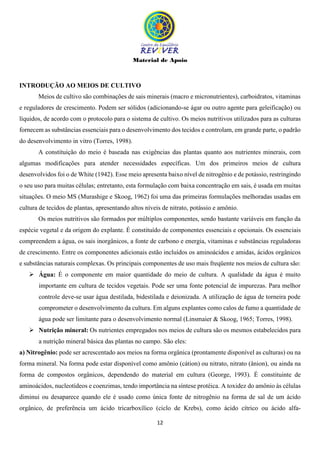 Material de Apoio
12
INTRODUÇÃO AO MEIOS DE CULTIVO
Meios de cultivo são combinações de sais minerais (macro e micronutrientes), carboidratos, vitaminas
e reguladores de crescimento. Podem ser sólidos (adicionando-se ágar ou outro agente para geleificação) ou
líquidos, de acordo com o protocolo para o sistema de cultivo. Os meios nutritivos utilizados para as culturas
fornecem as substâncias essenciais para o desenvolvimento dos tecidos e controlam, em grande parte, o padrão
do desenvolvimento in vitro (Torres, 1998).
A constituição do meio é baseada nas exigências das plantas quanto aos nutrientes minerais, com
algumas modificações para atender necessidades específicas. Um dos primeiros meios de cultura
desenvolvidos foi o de White (1942). Esse meio apresenta baixo nível de nitrogênio e de potássio, restringindo
o seu uso para muitas células; entretanto, esta formulação com baixa concentração em sais, é usada em muitas
situações. O meio MS (Murashige e Skoog, 1962) foi uma das primeiras formulações melhoradas usadas em
cultura de tecidos de plantas, apresentando altos níveis de nitrato, potássio e amônio.
Os meios nutritivos são formados por múltiplos componentes, sendo bastante variáveis em função da
espécie vegetal e da origem do explante. É constituído de componentes essenciais e opcionais. Os essenciais
compreendem a água, os sais inorgânicos, a fonte de carbono e energia, vitaminas e substâncias reguladoras
de crescimento. Entre os componentes adicionais estão incluídos os aminoácidos e amidas, ácidos orgânicos
e substâncias naturais complexas. Os principais componentes de uso mais freqüente nos meios de cultura são:
 Água: É o componente em maior quantidade do meio de cultura. A qualidade da água é muito
importante em cultura de tecidos vegetais. Pode ser uma fonte potencial de impurezas. Para melhor
controle deve-se usar água destilada, bidestilada e deionizada. A utilização de água de torneira pode
comprometer o desenvolvimento da cultura. Em alguns explantes como calos de fumo a quantidade de
água pode ser limitante para o desenvolvimento normal (Linsmaier & Skoog, 1965; Torres, 1998).
 Nutrição mineral: Os nutrientes empregados nos meios de cultura são os mesmos estabelecidos para
a nutrição mineral básica das plantas no campo. São eles:
a) Nitrogênio: pode ser acrescentado aos meios na forma orgânica (prontamente disponível as culturas) ou na
forma mineral. Na forma pode estar disponível como amônio (cátion) ou nitrato, nitrato (ânion), ou ainda na
forma de compostos orgânicos, dependendo do material em cultura (George, 1993). É constituinte de
aminoácidos, nucleotídeos e coenzimas, tendo importância na síntese protéica. A toxidez do amônio às células
diminui ou desaparece quando ele é usado como única fonte de nitrogênio na forma de sal de um ácido
orgânico, de preferência um ácido tricarboxílico (ciclo de Krebs), como ácido cítrico ou ácido alfa-
 