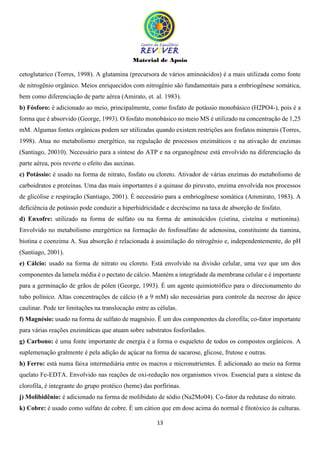 Material de Apoio
13
cetoglutarico (Torres, 1998). A glutamina (precursora de vários aminoácidos) é a mais utilizada como fonte
de nitrogênio orgânico. Meios enriquecidos com nitrogênio são fundamentais para a embriogênese somática,
bem como diferenciação de parte aérea (Amirato, et. al. 1983).
b) Fósforo: é adicionado ao meio, principalmente, como fosfato de potássio monobásico (H2PO4-), pois é a
forma que é absorvido (George, 1993). O fosfato monobásico no meio MS é utilizado na concentração de 1,25
mM. Algumas fontes orgânicas podem ser utilizadas quando existem restrições aos fosfatos minerais (Torres,
1998). Atua no metabolismo energético, na regulação de processos enzimáticos e na ativação de enzimas
(Santiago, 20010). Necessário para a síntese do ATP e na organogênese está envolvido na diferenciação da
parte aérea, pois reverte o efeito das auxinas.
c) Potássio: é usado na forma de nitrato, fosfato ou cloreto. Ativador de várias enzimas do metabolismo de
carboidratos e proteínas. Uma das mais importantes é a quinase do piruvato, enzima envolvida nos processos
de glicólise e respiração (Santiago, 2001). É necessário para a embriogênese somática (Ammirato, 1983). A
deficiência de potássio pode conduzir a hiperhidricidade e decréscimo na taxa de absorção de fosfato.
d) Enxofre: utilizado na forma de sulfato ou na forma de aminoácidos (cistina, cisteína e metionina).
Envolvido no metabolismo energértico na formação do fosfosulfato de adenosina, constituinte da tiamina,
biotina e coenzima A. Sua absorção é relacionada à assimilação do nitrogênio e, independentemente, do pH
(Santiago, 2001).
e) Cálcio: usado na forma de nitrato ou cloreto. Está envolvido na divisão celular, uma vez que um dos
componentes da lamela média é o pectato de cálcio. Mantém a integridade da membrana celular e é importante
para a germinação de grãos de pólen (George, 1993). É um agente quimiotrófico para o direcionamento do
tubo polínico. Altas concentrações de cálcio (6 a 9 mM) são necessárias para controle da necrose do ápice
caulinar. Pode ter limitações na translocação entre as células.
f) Magnésio: usado na forma de sulfato de magnésio. Ë um dos componentes da clorofila; co-fator importante
para várias reações enzimáticas que atuam sobre substratos fosforilados.
g) Carbono: é uma fonte importante de energia é a forma o esqueleto de todos os compostos orgânicos. A
suplemenação gralmente é pela adição de açúcar na forma de sacarose, glicose, frutose e outras.
h) Ferro: está numa faixa intermediária entre os macros e micronutrientes. É adicionado ao meio na forma
quelato Fe-EDTA. Envolvido nas reações de oxi-redução nos organismos vivos. Essencial para a síntese da
clorofila, é integrante do grupo protéico (heme) das porfirinas.
j) Molibidênio: é adicionado na forma de molibidato de sódio (Na2Mo04). Co-fator da redutase do nitrato.
k) Cobre: é usado como sulfato de cobre. È um cátion que em dose acima do normal é fitotóxico às culturas.
 