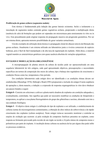 Material de Apoio
25
Proliferação de gemas axilares (segmentos nodais)
Esta técnica é fundamentada pela indução das gemas laterais existentes. Inclui o isolamento e a
inoculação de segmentos nodais contendo gemas vegetativas axilares, propiciando a multiplicação direta
(ausência de calo) de brotações que podem ser separadas em microestacas para enraizamento in vitro ou in
vivo. Este procedimento pode originar respostas de propagação massiva em progressão geométrica. Por ser
um sistema direto, apresenta menores possibilidades de gerar variantes somaclonais.
Um dos exemplos de utilização desta técnica é a propagação clonal do abacaxi através da liberação das
gemas axilares. Atualmente é um sistema utilizado em laboratórios junto a viveiros comerciais de espécies
lenhosas, pois é fácil de fácil manipulação e de alta taxa de regeneração de explante. Além disso, o material
vegetal mantém as características genéticas com quase ausência absoluta de variações epigenéticas.
ESTÁGIOS E MODULAÇÃO DA ORGANOGÊNESE
A micropropagação de plantas através da cultura de tecidos pode ser operacionalizada em uma
sequência laboratorial de três estágios, cada qual apresentando objetivos, pressuposições e necessidades
específicas em termos de composição dos meios de cultura, tipo e balanço dos reguladores de crescimento e
condições físicas como luz, temperatura e foto período.
Em condições laboratoriais cada estágio deve ser identificado e as condições ótimas devem ser
estabelecidas (Murashige 1974). Debergh e Read (1991) propuseram a inclusão do estágio 0 nesta seqüência
de operações e, desta maneira, a indução e a expressão de respostas organogenéticas in vitro deve obedecer
aos passos listados a seguir:
Estágio 0 - Consiste em selecionar e cultivar a planta matriz doadora de explantes em condições adequadas e,
eventualmente, controladas. Isto significa que pode ser necessário modificar as condições de fotoperíodo e
temperatura, ou aplicar a essa planta fitorreguladores do grupo das giberelinas e auxinas, alterando com isto a
sua condição fisiológica.
Estágio I – O objetivo deste estágio é a definição do tipo de explantes a ser utilizado, o estabelecimento de
culturas isentas de microorganismos contaminantes, a obtenção de altos índices de sobrevivência e de rápido
crescimento dos explantes (cultura asséptica). Neste estágio torna-se necessário monitorar e controlar as
reações de oxidação que ocorrem: a) pela oxidação de compostos fenólicos presentes no explante, como
resposta ao ferimento provocado pela excisão de um órgão ou tecido e; b) pela síntese de compostos mono e
poliméricos por parte do explante. A incubação destas culturas na ausência da luz por alguns dias pode inibir
os processos oxidativos.
 