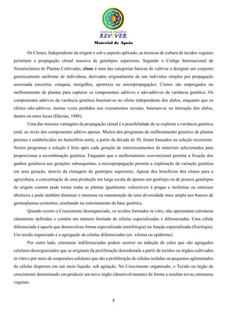 Material de Apoio
9
Os Clones, Independente da origem e sob o aspecto aplicado, as técnicas de cultura de tecidos vegetais
permitem a propagação clonal massiva de genótipos superiores. Segundo o Código Internacional de
Nomenclatura de Plantas Cultivadas, clone é uma das categorias básicas de cultivar e designar um conjunto
geneticamente uniforme de indivíduos, derivados originalmente de um indivíduo simples por propagação
assexuada (enxertia, estaquia, mergulhia, apomixia ou micropropagação). Clones são empregados no
melhoramento de plantas para capturar os componentes aditivos e não-aditivos da variância genética. Os
componentes aditivos da variância genética baseiam-se no efeito independente dos alelos, enquanto que os
efeitos não-aditivos, muitas vezes perdidos nos cruzamentos sexuais, baseiam-se na interação dos alelos,
dentro ou entre locus (Durzan, 1988).
Uma das maiores vantagens da propagação clonal é a possibilidade de se explorar a variância genética
total, ao invés dos componentes aditivo apenas. Muitos dos programas de melhoramento genético de plantas
perenes e estabelecidos no hemisfério norte, a partir da década de 50, foram baseados na seleção recorrente.
Nestes programas a seleção é feita após cada geração de intercruzamentos de materiais selecionados para
proporcionar a recombinação genética. Enquanto que o melhoramento convencional permite a fixação dos
ganhos genéticos nas gerações subsequentes, a micropropagação permite a exploração da variação genética
em uma geração, através da clonagem de genótipos superiores. Apesar dos benefícios dos clones para a
agricultura, a concentração de uma produção em larga escala de apenas um genótipo ou de poucos genótipos
de origem comum pode tornar todas as plantas igualmente vulneráveis à pragas e moléstias ou estresses
abióticos e pode também diminuir o interesse na manutenção de uma diversidade mais ampla nos bancos de
germoplasma existentes, resultando no estreitamento da base genética.
Quando ocorre o Crescimento desorganizado, os tecidos formados in vitro, não apresentam estruturas
claramente definidas e contém um número limitado de células especializadas e diferenciadas. Uma célula
diferenciada é aquela que desenvolveu forma especializada (morfologia) ou função especializada (fisiologia).
Um tecido organizado é a agregação de células diferenciadas (ex. xilema ou epiderme).
Por outro lado, estruturas indiferenciadas podem ocorrer na indução de calos que são agregados
celulares desorganizados que se originam da proliferação desordenada a partir de tecidos ou órgãos cultivados
in vitro e por meio de suspensões celulares que são a proliferação de células isoladas ou pequenos aglomerados
de células dispersos em um meio líquido, sob agitação. No Crescimento organizado, o Tecido ou órgão de
crescimento determinado em produzir um novo órgão (desenvolvimento) de forma a resultar novas estruturas
vegetais.
 