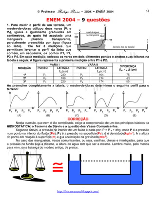 © Professor Rodrigo Penna – 2006 – ENEM 2004                               51


                             ENEM 2004 – 9 questões
1. Para medir o perfil de um terreno, um
mestre-de-obras utilizou duas varas (VI e
VII), iguais e igualmente graduadas em
centímetros, às quais foi acoplada uma
mangueira         plástica      transparente,
parcialmente preenchida por água (figura
ao lado).      Ele fez 3 medições que
permitiram levantar o perfil da linha que
contém, em seqüência, os pontos P1, P2,
P3 e P4. Em cada medição, colocou as varas em dois diferentes pontos e anotou suas leituras na
tabela a seguir. A figura representa a primeira medição entre P1 e P2.




Ao preencher completamente a tabela, o mestre-de-obras determinou o seguinte perfil para o
terreno:




                                            CORREÇÃO
      Nesta questão, que nem é tão complicada, exige a compreensão de um dos princípios básicos da
HIDROSTÁTICA: o Teorema de Stevin e a questão dos Vasos Comunicantes.
      Segundo Stevin, a pressão no interior de um fluido é dada por: P = P o + dhg, onde P é a pressão
num ponto no interior do fluido (Pa), P 0 é a pressão na superfície(Pa), d é densidade(kg/m3), h a altura
do ponto em relação à superfície(m) e g a aceleração da gravidade(m/s 2).
      No caso das mangueiras, vasos comunicantes, ou seja, vasilhas, cheias e interligadas, para que
a pressão no fundo seja a mesma, a altura de água tem que ser a mesma. Lembra muito, pelo menos
para mim, uma balança do modelo antigo, de pratos.




                                  ≅
                                     www.fisicanovestibular
 