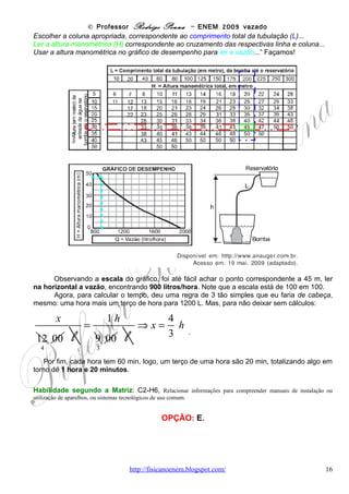 © Professor Rodrigo Penna – ENEM 2009 vazado




                                           Tecido A       Órgão 1        Órgão 2


                d = v.t




   Note que representei de vermelho a onda que vai, de azul o eco que volta na primeira
superfície de separação e de verde o que volta na segunda.
   Para calcularmos o tamanho do órgão, sua forma, basta conhecermos o tempo entre os
ecos e a velocidade da onda: d = v.t . Aliás, equação até simples, e muito conhecida!
   Quanto ao número de ciclos / tempo, a frequência, neste caso não afetará a conta. Mas,
claro, nos ultrassons sofisticados, ela cumpre um papel. Por exemplo, pode haver mais de uma
frequência. E, também, a amplitude – intensidade – do sinal que volta é menor, pois parte da
energia da onda é absorvida. Porém, novamente, sem influência na conta que fizemos.
   Se você não conhece os conceitos básicos de onda, dê uma olhada nos exercícios:
       http://www.fisicanovestibular.xpg.com.br/questoes/2_ondas.pdf .

Habilidade segundo a Matriz: C1-H1, Reconhecer características ou propriedades de fenômenos ondulatórios ou
oscilatórios, relacionando-os a seus usos em diferentes contextos.


                                             OPÇÃO: D.




Questão 26

(ENEM/2009) Os motores elétricos são dispositivos com diversas aplicações, dentre elas,
destacam-se aquelas que proporcionam conforto e praticidade para as pessoas. É inegável a
preferência pelo uso de elevadores quando o objetivo é o transporte de pessoas pelos andares
de prédios elevados. Nesse caso, um dimensionamento preciso da potência dos motores
utilizados nos elevadores é muito importante e deve levar em consideração fatores como
economia de energia e segurança.
Considere que um elevador de 800 kg, quando lotado com oito pessoas ou 600 kg, precisa ser
projetado. Para tanto, alguns parâmetros deverão ser dimensionados. O motor será ligado à
rede elétrica que fornece 220 volts de tensão. O elevador deve subir 10 andares, em torno de
30 metros, a uma velocidade constante de 4 metros por segundo. Para fazer uma estimativa
simples da potência necessária e da corrente que deve ser fornecida ao motor do elevador
para ele operar com lotação máxima, considere que a tensão seja contínua, que a aceleração
da gravidade vale 10 m/s2 e que o atrito pode ser desprezado. Nesse caso, para um elevador

                                  www.fisicanovestibular                                                16
 