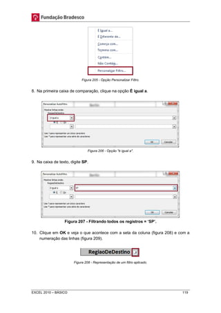 Figura 205 - Opção Personalizar Filtro. 
8. Na primeira caixa de comparação, clique na opção É igual a. 
Figura 206 - Opção "é igual a". 
9. Na caixa de texto, digite SP. 
Figura 207 - Filtrando todos os registros = „SP‟. 
10. Clique em OK e veja o que acontece com a seta da coluna (figura 208) e com a 
numeração das linhas (figura 209). 
Figura 208 - Representação de um filtro aplicado. 
EXCEL 2010 – BÁSICO 119 
 