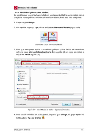 7.4.2. Salvando o gráfico como modelo 
Se o gráfico que você criou ficar muito bom, você poderá utilizá-lo como modelo para a 
criação de novos gráficos, evitando o trabalho de edição. Para isso, faça o seguinte: 
1. Clique na guia Design. 
2. Em seguida, no grupo Tipo, clique no botão Salvar como Modelo (figura 233). 
Figura 233 - Opção Salvar como Modelo. 
3. Para que você possa aplicar o modelo do gráfico a outros dados, ele deverá ser 
salvo na pasta MicrosoftModelosCharts. Em seguida, dê um nome ao modelo e 
clique em Salvar (figura 234). 
Figura 234 - Salvar Modelo de Gráfico - Orçamento Doméstico. 
4. Para utilizar o modelo em outro gráfico, clique na guia Design, no grupo Tipo e no 
botão Alterar Tipo de Gráfico . 
EXCEL 2010 – BÁSICO 133 
 