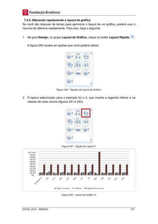7.4.5. Alterando rapidamente o layout do gráfico 
Se você não dispuser de tempo para aprimorar o layout de um gráfico, poderá usar o 
recurso de alterá-lo rapidamente. Para isso, faça o seguinte: 
1. Na guia Design, no grupo Layout de Gráfico, clique no botão Layout Rápido . 
A figura 240 mostra as opções que você poderá utilizar. 
Figura 240 - Opções de Layout de Gráfico. 
2. O layout selecionado para o exemplo foi o 3, que mostra a legenda inferior e os 
valores de cada coluna (figuras 241 e 242). 
Figura 241 - Opção de Layout 3. 
Figura 242 - Layout de Gráfico 3. 
EXCEL 2010 – BÁSICO 137 
 