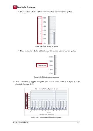  Título vertical – Exibe o título verticalmente e redimensiona o gráfico. 
Figura 254 - Título do eixo na vertical 
 Título horizontal – Exibe o título horizontalmente e redimensiona o gráfico. 
Figura 255 - Título do eixo na horizontal 
2. Após selecionar a opção desejada, selecione a área do título e digite o texto 
desejado (figura s 256). 
Figura 256 - Título do eixo definido como girado. 
EXCEL 2010 – BÁSICO 143 
 
