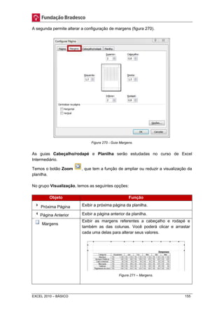 A segunda permite alterar a configuração de margens (figura 270). 
Figura 270 - Guia Margens. 
As guias Cabeçalho/rodapé e Planilha serão estudadas no curso de Excel 
Intermediário. 
Temos o botão Zoom , que tem a função de ampliar ou reduzir a visualização da 
planilha. 
No grupo Visualização, temos as seguintes opções: 
Objeto Função 
Próxima Página Exibir a próxima página da planilha. 
Página Anterior Exibir a página anterior da planilha. 
Margens 
Exibir as margens referentes a cabeçalho e rodapé e 
também as das colunas. Você poderá clicar e arrastar 
cada uma delas para alterar seus valores. 
Figura 271 – Margens. 
EXCEL 2010 – BÁSICO 155 
 