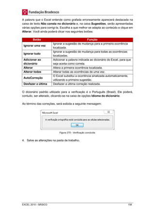 A palavra que o Excel entende como grafada erroneamente aparecerá destacada na 
caixa de texto Não consta no dicionário e, na caixa Sugestões, serão apresentadas 
várias opções para corrigi-la. Escolha a que melhor se adapta ao conteúdo e clique em 
Alterar. Você ainda poderá clicar nos seguintes botões: 
Botão Função 
Ignorar uma vez 
Ignorar a sugestão de mudança para a primeira ocorrência 
localizada. 
Ignorar tudo 
Ignorar a sugestão de mudança para todas as ocorrências 
localizadas. 
Adicionar ao 
dicionário 
Adicionar a palavra indicada ao dicionário do Excel, para que 
seja aceita como correta. 
Alterar Altera a primeira ocorrência localizada. 
Alterar todas Alterar todas as ocorrências de uma vez. 
AutoCorreção 
O Excel substitui a ocorrência sinalizada automaticamente, 
utilizando a primeira sugestão. 
Desfazer a última Desfazer a última correção realizada. 
O dicionário padrão utilizado para a verificação é o Português (Brasil). Ele poderá, 
contudo, ser alterado, clicando-se na caixa de opções Idioma do dicionário. 
Ao término das correções, será exibida a seguinte mensagem: 
Figura 275 - Verificação concluída. 
4. Salve as alterações na pasta de trabalho. 
EXCEL 2010 – BÁSICO 158 
 
