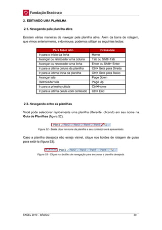 2. EDITANDO UMA PLANILHA 
2.1. Navegando pela planilha ativa 
Existem várias maneiras de navegar pela planilha ativa. Além da barra de rolagem, 
que vimos anteriormente, e do mouse, podemos utilizar as seguintes teclas: 
Para fazer isto Pressione 
Ir para o início da linha Home 
Avançar ou retroceder uma coluna Tab ou Shift+Tab 
Avançar ou retroceder uma linha Enter ou Shift+ Enter 
Ir para a última coluna da planilha Ctrl+ Seta para Direita 
Ir para a última linha da planilha Ctrl+ Seta para Baixo 
Avançar tela Page Down 
Retroceder tela Page Up 
Ir para a primeira célula Ctrl+Home 
Ir para a última célula com conteúdo Ctrl+ End 
2.2. Navegando entre as planilhas 
Você pode selecionar rapidamente uma planilha diferente, clicando em seu nome na 
Guia de Planilhas (figura 52). 
Figura 52 - Basta clicar no nome da planilha e seu conteúdo será apresentado. 
Caso a planilha desejada não esteja visível, clique nos botões de rolagem de guias 
para exibi-la (figura 53): 
Figura 53 - Clique nos botões de navegação para encontrar a planilha desejada. 
EXCEL 2010 – BÁSICO 30 
 