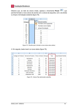Observe que, ao lado da coluna criada, aparece a ferramenta Pincel , que 
permite formatar a nova coluna de acordo com a coluna da esquerda, com a da direita 
ou limpar a formatação existente (figura 78). 
Figura 78 - Escolha qual o formato a nova coluna deve atribuir. 
4. Em seguida, basta inserir os novos dados (figura 79). 
Figura 79 - Coluna Tipo adicionada à planilha. 
EXCEL 2010 – BÁSICO 45 
 