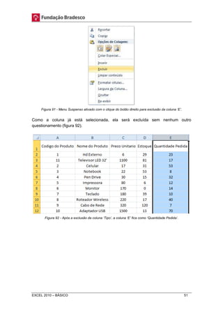 Figura 91 - Menu Suspenso ativado com o clique do botão direito para exclusão da coluna „E‟. 
Como a coluna já está selecionada, ela será excluída sem nenhum outro 
questionamento (figura 92). 
Figura 92 - Após a exclusão da coluna „Tipo‟, a coluna „E‟ fica como „Quantidade Pedida‟. 
EXCEL 2010 – BÁSICO 51 
 