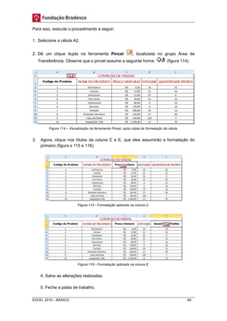 Para isso, execute o procedimento a seguir: 
1. Selecione a célula A2. 
2. Dê um clique duplo na ferramenta Pincel , localizada no grupo Área de 
Transferência. Observe que o pincel assume a seguinte forma: (figura 114). 
Figura 114 – Visualização da ferramenta Pincel, após cópia da formatação da célula. 
3. Agora, clique nos títulos da coluna C e E, que eles assumirão a formatação do 
primeiro (figura s 115 e 116). 
Figura 115 - Formatação aplicada na coluna C. 
Figura 116 - Formatação aplicada na coluna E. 
4. Salve as alterações realizadas. 
5. Feche a pasta de trabalho. 
EXCEL 2010 – BÁSICO 69 
 