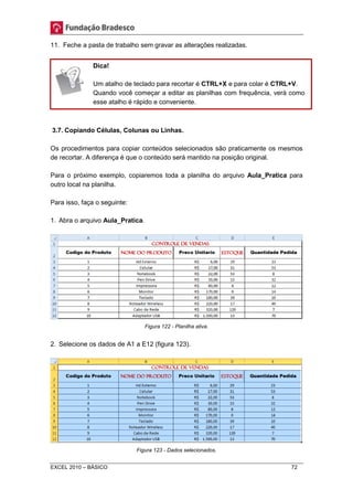 11. Feche a pasta de trabalho sem gravar as alterações realizadas. 
Dica! 
Um atalho de teclado para recortar é CTRL+X e para colar é CTRL+V. 
Quando você começar a editar as planilhas com frequência, verá como 
esse atalho é rápido e conveniente. 
3.7. Copiando Células, Colunas ou Linhas. 
Os procedimentos para copiar conteúdos selecionados são praticamente os mesmos 
de recortar. A diferença é que o conteúdo será mantido na posição original. 
Para o próximo exemplo, copiaremos toda a planilha do arquivo Aula_Pratica para 
outro local na planilha. 
Para isso, faça o seguinte: 
1. Abra o arquivo Aula_Pratica. 
Figura 122 - Planilha ativa. 
2. Selecione os dados de A1 a E12 (figura 123). 
Figura 123 - Dados selecionados. 
EXCEL 2010 – BÁSICO 72 
 