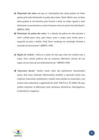a) Disposição das mãos, em que as “articulações dos sinais podem ser feitas

   apenas pela mão dominante ou pelas duas mãos. Neste último caso, as duas

   mãos podem se movimentar para formar o sinal, ou então, apenas a mão

   dominante se movimenta e a outra funciona como um ponto de articulação”;

   (BRITO, 1995)

b) Orientação da palma das mãos, “é a direção da palma da mão durante o

   sinal: voltada para cima, para baixo, para o corpo, para frente, para a

   esquerda ou para a direita. Pode haver mudança na orientação durante a

   execução do movimento”; (BRITO, 1995)



c) Região de contato, “refere-se à parte da mão que entra em contato com o

   corpo. Esse contato pode-se dar de maneiras diferentes: através de um

   toque, de um risco, de um deslizamento etc.” (BRITO, 1995)



d) Expressões faciais “muitos sinais, além dos parâmetros mencionados

   acima, têm como elemento diferenciador também a expressão facial e/ou

   corporal, traduzindo sentimentos e dando mais sentido ao enunciado e em

   muitos casos determina o significado do sinal” (SILVA, p. 55, 2002). Ou seja,

   podem expressar as diferenças entre sentenças afirmativas, interrogativas,

   exclamativas e negativas.




                                                                                   11
 