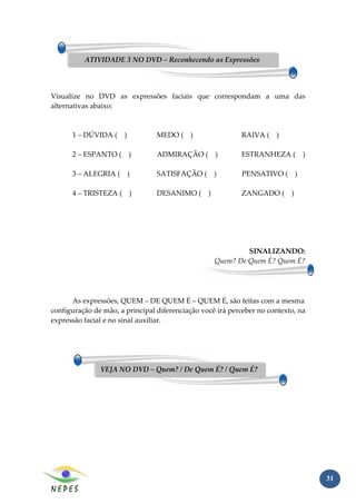 ATIVIDADE 3 NO DVD – Reconhecendo as Expressões




Visualize no DVD as expressões faciais que correspondam a uma das
alternativas abaixo:



      1 – DÚVIDA ( )             MEDO ( )                  RAIVA ( )

      2 – ESPANTO ( )            ADMIRAÇÃO ( )             ESTRANHEZA (        )

      3 – ALEGRIA ( )            SATISFAÇÃO ( )             PENSATIVO ( )

      4 – TRISTEZA ( )           DESANIMO ( )              ZANGADO ( )




                                                            SINALIZANDO:
                                                   Quem? De Quem É? Quem É?




      As expressões, QUEM – DE QUEM É – QUEM É, são feitas com a mesma
configuração de mão, a principal diferenciação você irá perceber no contexto, na
expressão facial e no sinal auxiliar.




               VEJA NO DVD – Quem? / De Quem É? / Quem É?




                                                                                   31
 