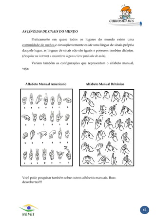 CURIOSIDADES


AS LÍNGUAS DE SINAIS DO MUNDO

        Praticamente em quase todos os lugares do mundo existe uma
comunidade de surdos e conseqüentemente existe uma língua de sinais própria
daquele lugar, as línguas de sinais não são iguais e possuem também dialetos.
(Pesquise na internet e encontrem alguns e leve para sala de aula).

        Variam também as configurações que representam o alfabeto manual,
veja:



  Alfabeto Manual Americano                       Alfabeto Manual Britânico




Você pode pesquisar também sobre outros alfabetos manuais. Boas
descobertas!!!!




                                                                                     67
 