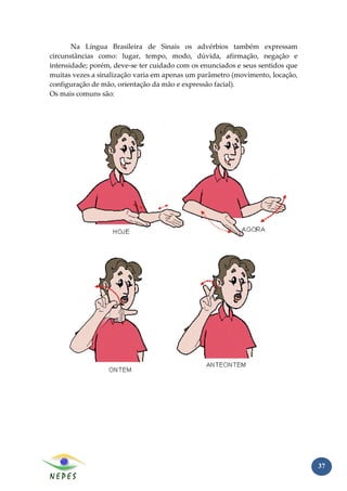 Na Língua Brasileira de Sinais os advérbios também expressam
circunstâncias como: lugar, tempo, modo, dúvida, afirmação, negação e
intensidade; porém, deve-se ter cuidado com os enunciados e seus sentidos que
muitas vezes a sinalização varia em apenas um parâmetro (movimento, locação,
configuração de mão, orientação da mão e expressão facial).
Os mais comuns são:




                                                                                37
 