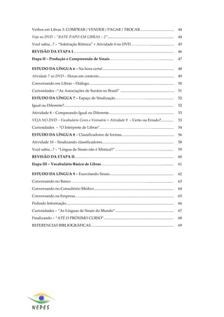 Verbos em Libras 3: COMPRAR / VENDER / PAGAR / TROCAR....................................                                                 44
Veja no DVD – “BATE-PAPO EM LIBRAS – 2”......................................................................                             44
Você sabia...? – “Soletração Rítmica” + Atividade 6 no DVD……………..........................                                                 45
REVISÃO DA ETAPA I...........................................................................................................             46
Etapa II – Produção e Compreensão de Sinais…………………………………................                                                                  47

ESTUDO DA LÍNGUA 6 – Na hora certa!............................................................................                           48
Atividade 7 no DVD – Horas em contexto................................................................................                    49
Conversando em Libras – Diálogo..........................................................................................                 50
Curiosidades –“As Associações de Surdos no Brasil” .........................................................                              51
ESTUDO DA LÍNGUA 7 – Espaço de Sinalização……………………..............................                                                          52
Igual ou Diferente?....................................................................................................................   52
Atividade 8 – Comparando Igual ou Diferente………………………………….................                                                                 53
VEJA NO DVD – Vocabulário Cores e Vestuário + Atividade 9 – Certo ou Errado?.............                                                 53
Curiosidades – “O Intérprete de Libras”…………………………………….......................                                                              54
ESTUDO DA LÍNGUA 8 – Classificadores de formas........................................................                                    56
Atividade 10 – Sinalizando classificadores............................................................................                    58
Você sabia...? – “Língua de Sinais não é Mímica!!”………………………………..............                                                              59
REVISÃO DA ETAPA II.........................................................................................................              60
Etapa III – Vocabulário Básico de Libras………………………………………….............                                                                     61

ESTUDO DA LÍNGUA 9 – Exercitando Sinais....................................................................                               62
Conversando no Banco…………………………………………………….............................                                                                     63
Conversando no Consultório Médico.....................................................................................                    64
Conversando na Empresa.........................................................................................................           65
Pedindo Informação..................................................................................................................      66
Curiosidades – “As Línguas de Sinais do Mundo”..............................................................                              67
Finalizando – “ATÉ O PRÓXIMO CURSO”..........................................................................                             68
REFERENCIAS BIBLIOGRÁFICAS........................................................................................                        69




                                                                                                                                               7
 