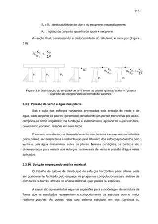 115
δp e δn : deslocabilidade do pilar e do neoprene, respectivamente;
Kc1 : rigidez do conjunto aparelho de apoio + neoprene.
A reação final, considerando a deslocabilidade do tabuleiro, é dada por (Figura
3.8):
R
K
K
K
K
n
c1
c1
1 1−
∑






P1 P2 P3
P1
R1
P1
R
K
K
n
c
1
1
P1
R
K
K
K
K
n
c
c
1
1
1
1−
∑






Figura 3.8- Distribuição do empuxo de terra entre os pilares quando o pilar P1 possui
aparelho de neoprene na extremidade superior.
3.3.9 Pressão de vento e água noa pilares
Sob a ação dos esforços horizontais provocados pela pressão do vento e da
água, cada conjunto de pilares, geralmente constituindo um pórtico transversal por apoio,
comporta-se como engastado na fundação e elasticamente apoiado na superestrutura,
provocando, portanto, reações em seus topos.
É comum, entretanto, no dimensionamento dos pórticos transversais constituídos
pelos pilares, ser desprezada a redistribuição pelo tabuleiro dos esforços produzidos pelo
vento e pela água diretamente sobre os pilares. Nessas condições, os pórticos são
dimensionados para resistir aos esforços transversais de vento e pressão d’água neles
aplicados.
3.3.10 Solução empregando análise matricial
O trabalho de cálculo da distribuição de esforços horizontais pelos pilares pode
ser grandemente facilitado pelo emprego de programas computacionais para análise de
estruturas de barras, através de análise matricial, quer planas ou espaciais.
A seguir são apresentadas algumas sugestões para a modelagem da estrutura de
forma que os resultados representem o comportamento da estrutura com o maior
realismo possível. As pontes retas com sistema estrutural em viga (contínua ou
 