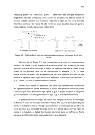 116
biapoiada) podem ser analisadas, quanto à distribuição dos esforços horizontais
longitudinais atuantes no tabuleiro, com o auxílio de programas de pórticos planos. O
principal cuidado a tomar é o de incorporar o aparelho de apoio ao pilar como elemento
deformável adicional. Na Figura 3.9 são mostradas duas soluções possíveis para a
incorporação do aparelho de apoio ao pórtico plano.
F F
a) Ponte em viga contínua b) Ponte em vigas biapoiadas
superestrutura (Ec, A = ∞,I)
neoprene (Ea, Aa, Ia)
pilar (Ec, Ap, Ip)
Neoprene (Kn)
Vãos
isolados
Figura 3.9 - Distribuição de esforços longitudinais empregando programas de pórticos
planos.
No caso (a) da Figura 3.9, está representada uma ponte com superestrutura
contínua. Os pilares, com os aparelhos de apoio (neoprene), são simulados por duas
barras com características diferentes. A ligação da superestrutura com os pilares é feita
através de uma pequena barra com as características do neoprene (Ea, Aa, Ia). Essa
barra é rotulada na ligação com a superestrutura, de forma a permitir a rotação da viga
principal, e ligada de forma rígida à barra que representa o pilar com características Ec,
Ap, Ip , onde Ec é o módulo de elasticidade do concreto.
O caso (b) da Figura 3.9 representa uma ponte cuja superestrutura é constituída
por vigas biapoiadas nos pilares. Neste caso, a ligação da superestrutura com os pilares
é simulada por molas horizontais cuja rigidez é igual à rigidez da placa de neoprene
quando submetida a um esforço horizontal no topo (Kn), já deduzida anteriormente.
É possível montar um modelo de cálculo mais complexo incluindo a deformação
do terreno. A ponte em fundação profunda da Figura 3.10 (a) pode ser substituída pela
estrutura idealizada da Figura 3.10 (b), na qual as molas C1 reproduzem os aparelhos de
apoio, as molas C2 a contenção lateral do terreno e as barras representam as vigas, os
pilares e os tubulões. A rigidez dos diversos elementos deve ser definida de forma
adequada a melhor representar o comportamento real da estrutura.
 