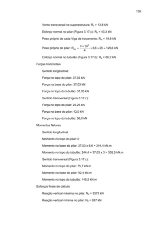 139
⇒ Vento transversal na superestrutura: Rv = 13,8 kN
⇒ Esforço normal no pilar (Figura 3.17.c): Rp = 43,3 kN
⇒ Peso próprio de cada Viga de travamento: Rvt = 19,6 kN
⇒ Peso próprio do pilar: Rpp =
×
× × =
π 10
4
6 6 25 129 6
2
,
, , kN
⇒ Esforço normal no tubulão (Figura 3.17.b): Rp = 86,2 kN
∗ Forças horizontais
⇒ Sentido longitudinal:
Força no topo do pilar: 37,03 kN
Força na base do pilar: 37,03 kN
Força no topo do tubulão: 37,03 kN
⇒ Sentido transversal (Figura 3.17.c):
Força no topo do pilar: 25,25 kN
Força na base do pilar: 42,0 kN
Força no topo do tubulão: 56,0 kN
∗ Momentos fletores
⇒ Sentido longitudinal:
Momento no topo do pilar: 0
Momento na base do pilar: 37,03 x 6,6 = 244,4 kN.m
Momento no topo do tubulão: 244,4 + 37,03 x 3 = 355,5 kN.m
⇒ Sentido transversal (Figura 3.17.c):
Momento no topo do pilar: 75,7 kN.m
Momento na base do pilar: 92,4 kN.m
Momento no topo do tubulão: 145,5 kN.m
∗ Esforços finais de cálculo
⇒ Reação vertical máxima no pilar: Nd = 3573 kN
⇒ Reação vertical mínima no pilar: Nd = 937 kN
 