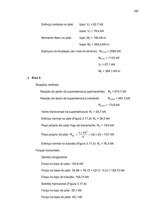 140
⇒ Esforço cortante no pilar: topo: Vd = 62,7 kN
base: Vd = 78,4 kN
⇒ Momento fletor no pilar: topo: Md = 106 kN.m
base: Md = 365,8 kN.m
⇒ Esforços na fundação (ao nível do terreno): N0,max = 2595 kN
N0,min = 1133 kN
V0 = 67,1 kN
M0 = 384,1 kN.m
♦ Eixo 4
∗ Reações verticais
⇒ Reação de apoio da superestrutura (permanente): Rg = 874,7 kN
⇒ Reação de apoio da superestrutura (variável): Rq,max = 997,5 kN
Rq,min = -73,8 kN
⇒ Vento transversal na superestrutura: Rv = 20,7 kN
⇒ Esforço normal no pilar (Figura 3.17.d): Rp = 38,2 kN
⇒ Peso próprio de cada Viga de travamento: Rvt = 19,6 kN
⇒ Peso próprio do pilar: Rpp =
×
× × =
π 10
4
3 6 25 70 7
2
,
, , kN
⇒ Esforço normal no tubulão (Figura 3.17.d): Rp = 76,3 kN
∗ Forças horizontais
⇒ Sentido longitudinal:
Força no topo do pilar: 140,6 kN
Força na base do pilar: 54,88 + 78,15 + (27,0 - 0,3) = 159,73 kN
Força no topo do tubulão: 159,73 kN
⇒ Sentido transversal (Figura 3.17.d):
Força no topo do pilar: 38,1 kN
Força na base do pilar: 46,1 kN
 