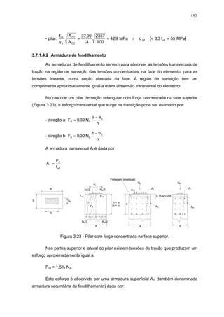153
- pilar: ( )
f A
A
fck
c
C1
C
cd cd
γ
σ
0
37 09
14
2357
900
42 9 3 3 55= = > < =
,
,
, ,MPa MPa
3.7.1.4.2 Armadura de fendilhamento
As armaduras de fendilhamento servem para absorver as tensões transversais de
tração na região de transição das tensões concentradas, na face do elemento, para as
tensões lineares, numa seção afastada da face. A região de transição tem um
comprimento aproximadamente igual a maior dimensão transversal do elemento.
No caso de um pilar de seção retangular com força concentrada na face superior
(Figura 3.23), o esforço transversal que surge na transição pode ser estimado por:
- direção a: F N
a a
h
d d=
−
0 30 0
,
- direção b: F N
b b
h
d d=
−
0 30 0
,
A armadura transversal At é dada por:
A
F
f
t
d
yd
=
a
b
a0
b0
a0
a a b
Nd/2Nd/2
Nd/2Nd/2
Fd
F1dF1d
h = a
(a > b)
Nd Nd
h
0,15 a 0,20h
At1 At1
At At
σcd
Fretagem (eventual)
Figura 3.23 - Pilar com força concentrada na face superior.
Nas partes superior e lateral do pilar existem tensões de tração que produzem um
esforço aproximadamente igual a:
F1d = 1,5% Nd.
Este esforço é absorvido por uma armadura superficial At1 (também denominada
armadura secundária de fendilhamento) dada por:
 
