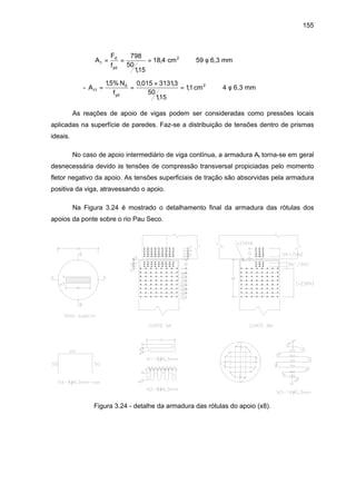 155
A
F
f
t
d
yd
= = =
798
50
115
18 4
,
, cm2
⇒ 59 φ 6,3 mm
- A
N
f
t
d
yd
1
15% 0 015 31313
50
115
11= =
×
=
, , ,
,
, cm2
⇒ 4 φ 6,3 mm
As reações de apoio de vigas podem ser consideradas como pressões locais
aplicadas na superfície de paredes. Faz-se a distribuição de tensões dentro de prismas
ideais.
No caso de apoio intermediário de viga contínua, a armadura At torna-se em geral
desnecessária devido às tensões de compressão transversal propiciadas pelo momento
fletor negativo da apoio. As tensões superficiais de tração são absorvidas pela armadura
positiva da viga, atravessando o apoio.
Na Figura 3.24 é mostrado o detalhamento final da armadura das rótulas dos
apoios da ponte sobre o rio Pau Seco.
Figura 3.24 - detalhe da armadura das rótulas do apoio (x8).
 