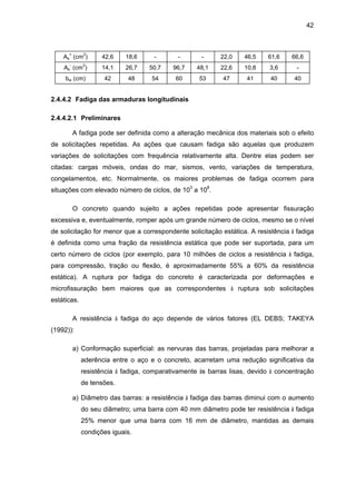 42
As
+
(cm
2
) 42,6 18,6 - - - 22,0 46,5 61,6 66,6
As
-
(cm
2
) 14,1 26,7 50,7 96,7 48,1 22,6 10,8 3,6 -
bw (cm) 42 48 54 60 53 47 41 40 40
2.4.4.2 Fadiga das armaduras longitudinais
2.4.4.2.1 Preliminares
A fadiga pode ser definida como a alteração mecânica dos materiais sob o efeito
de solicitações repetidas. As ações que causam fadiga são aquelas que produzem
variações de solicitações com frequência relativamente alta. Dentre elas podem ser
citadas: cargas móveis, ondas do mar, sismos, vento, variações de temperatura,
congelamentos, etc. Normalmente, os maiores problemas de fadiga ocorrem para
situações com elevado número de ciclos, de 103
a 108
.
O concreto quando sujeito a ações repetidas pode apresentar fissuração
excessiva e, eventualmente, romper após um grande número de ciclos, mesmo se o nível
de solicitação for menor que a correspondente solicitação estática. A resistência à fadiga
é definida como uma fração da resistência estática que pode ser suportada, para um
certo número de ciclos (por exemplo, para 10 milhões de ciclos a resistência à fadiga,
para compressão, tração ou flexão, é aproximadamente 55% a 60% da resistência
estática). A ruptura por fadiga do concreto é caracterizada por deformações e
microfissuração bem maiores que as correspondentes à ruptura sob solicitações
estáticas.
A resistência à fadiga do aço depende de vários fatores (EL DEBS; TAKEYA
(1992)):
a) Conformação superficial: as nervuras das barras, projetadas para melhorar a
aderência entre o aço e o concreto, acarretam uma redução significativa da
resistência à fadiga, comparativamente às barras lisas, devido à concentração
de tensões.
a) Diâmetro das barras: a resistência à fadiga das barras diminui com o aumento
do seu diâmetro; uma barra com 40 mm diâmetro pode ter resistência à fadiga
25% menor que uma barra com 16 mm de diâmetro, mantidas as demais
condições iguais.
 