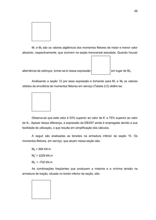 48
M1 e M2 são os valores algébricos dos momentos fletores de maior e menor valor
absoluto, respectivamente, que ocorrem na seção transversal estudada. Quando houver
alternância de esforços, tomar-se-á nessa expressão em lugar de M2.
Analisando a seção 12 por essa expressão e tomando para M1 e M2 os valores
obtidos da envoltória de momentos fletores em serviço (Tabela 2.5) obtêm-se:
Observa-se que este valor é 53% superior ao valor de K-
e 75% superior ao valor
de K+. Apesar dessa diferença, a expressão da EB3/67 ainda é empregada devido a sua
facilidade de utilização, o que resulta em simplificação dos cálculos.
A seguir são analisadas as tensões na armadura inferior da seção 15. Os
momentos fletores, em serviço, que atuam nessa seção são:
Mg = 994 kN.m
Mq
+
= 2229 kN.m
Mq
-
= -702 kN.m
As combinações freqüentes que produzem a máxima e a mínima tensão na
armadura de tração, situada no bordo inferior da seção, são:
 