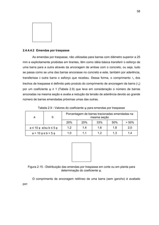 58
2.4.4.4.2 Emendas por traspasse
As emendas por traspasse, não utilizadas para barras com diâmetro superior a 25
mm e explicitamente proibidas em tirantes, têm como idéia básica transferir o esforço de
uma barra para a outra através da ancoragem de ambas com o concreto, ou seja, tudo
se passa como se uma das barras ancorasse no concreto e este, também por aderência,
transferisse à outra barra o esforço que recebeu. Dessa forma, o comprimento lv dos
trechos de traspasse é definido pelo produto do comprimento de ancoragem da barra (lb)
por um coeficiente ψ ≥ 1 (Tabela 2.9) que leva em consideração o número de barras
ancoradas na mesma seção e avalia a redução da tensão de aderência devido ao grande
número de barras emendadas próximas umas das outras.
Tabela 2.9 - Valores do coeficiente ψ para emendas por traspasse
a b
Porcentagem de barras tracionadas emendadas na
mesma seção
20% 25% 33% 50% > 50%
a ≤ 10 φ e/ou b ≤ 5 φ 1,2 1,4 1,6 1,8 2,0
a > 10 φ e b > 5 φ 1,0 1,1 1,2 1,3 1,4
Figura 2.15 - Distribuição das emendas por traspasse em corte ou em planta para
determinação do coeficiente ψ.
O comprimento de ancoragem retilíneo de uma barra (sem gancho) é avaliado
por:
 