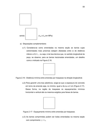 59
sendo: (τbu e fcd em MPa)
a) Disposições complementares
a.1) Considera-se como emendadas na mesma seção as barras cujas
extremidades mais próximas estejam afastadas entre si de distância
inferior a 0,2.lv , ou seja, é de boa técnica que, no sentido longitudinal da
peça, se observe, para as barras tracionadas emendadas, um detalhe
como o indicado na Figura 2.16.
Figura 2.16 - Distância mínima entre emendas por traspasse na direção longitudinal.
a.2) Para garantir uma boa aderência, exige-se que a espessura do concreto
em torno da emenda seja, no mínimo, igual a 2φ ou a 2 cm (Figura 2.17).
Dessa forma, na região de traspasse os espaçamentos mínimos
horizontal e vertical são os mesmos exigidos para feixes de barras.
Figura 2.17 - Espaçamento mínimo entre emendas por traspasse.
a.3) As barras comprimidas podem ser todas emendadas na mesma seção
com comprimento lv = lb.
 