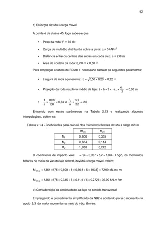 82
c) Esforços devido à carga móvel
A ponte é da classe 45, logo sabe-se que:
• Peso da roda: P = 75 kN
• Carga de multidão distribuída sobre a pista: q = 5 kN/m2
• Distância entre os centros das rodas em cada eixo: a = 2,0 m
• Área de contato da roda: 0,20 m x 0,50 m
Para empregar a tabela de Rüsch é necessário calcular os seguintes parâmetros:
• Largura da roda equivalente: b = × =0 50 0 20 0 32, , , m
• Projeção da roda no plano médio da laje: t b e
e
= + × +





 =2
2
0 683
1
, m
•
t
a
= =
0 68
2 0
0 34
,
,
, e
lx
a
= =
5 2
2 0
2 6
,
,
,
Entrando com esses parâmetros na Tabela 2.13 e realizando algumas
interpolações, obtêm-se:
Tabela 2.14 - Coeficientes para cálculo dos momentos fletores devido à carga móvel
Mxm Mym
ML 0,600 0,335
Mp 0,664 0,114
Mp’ 1,038 0,272
O coeficiente de impacto vale: ϕ = − × =14 0 007 5 2 1364, , , , . Logo, os momentos
fletores no meio do vão da laje central, devido à carga móvel, valem:
( )Mxm q, , , , , ,= × × + × + × =1364 75 0 600 5 0 664 5 1038 72 99 kN.m / m
( )Mym q, , , , , ,= × × + × + × =1364 75 0 335 5 0114 5 0 272 36 90 kN.m / m
d) Consideração da continuidade da laje no sentido transversal
Empregando o procedimento simplificado da NB2 e adotando para o momento no
apoio 2 3 do maior momento no meio do vão, têm-se:
 