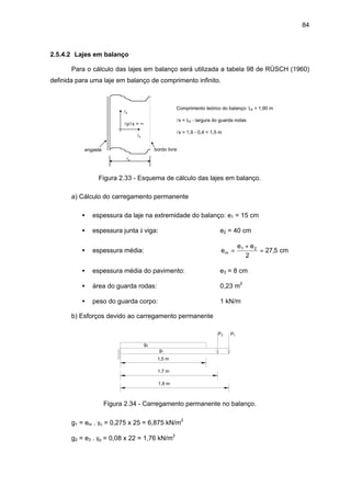 84
2.5.4.2 Lajes em balanço
Para o cálculo das lajes em balanço será utilizada a tabela 98 de RÜSCH (1960)
definida para uma laje em balanço de comprimento infinito.
lx
ly
lx
ly/lx = ∞
engaste bordo livre
Comprimento teórico do balanço: Lb = 1,90 m
lx = Lb - largura do guarda rodas
lx = 1,9 - 0,4 = 1,5 m
Figura 2.33 - Esquema de cálculo das lajes em balanço.
a) Cálculo do carregamento permanente
• espessura da laje na extremidade do balanço: e1 = 15 cm
• espessura junta à viga: e2 = 40 cm
• espessura média: e
e e
m =
+
=1 2
2
27 5, cm
• espessura média do pavimento: e3 = 8 cm
• área do guarda rodas: 0,23 m2
• peso do guarda corpo: 1 kN/m
b) Esforços devido ao carregamento permanente
g1
g2
P1P2
1,5 m
1,7 m
1,9 m
Figura 2.34 - Carregamento permanente no balanço.
g1 = em . γc = 0,275 x 25 = 6,875 kN/m2
g2 = e3 . γp = 0,08 x 22 = 1,76 kN/m
2
 