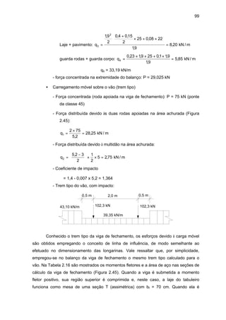 99
Laje + pavimento: q3
2
19
2
0 4 015
2
25 0 08 22
19
8 20=
+
× + ×






=
, , ,
,
,
, kN / m
guarda rodas + guarda corpo: q4
0 23 19 25 01 19
19
5 85=
× × + ×
=
, , , ,
,
, kN / m
qb = 33,19 kN/m
- força concentrada na extremidade do balanço: P = 29,025 kN
• Carregamento móvel sobre o vão (trem tipo)
- Força concentrada (roda apoiada na viga de fechamento): P = 75 kN (ponte
da classe 45)
- Força distribuída devido às duas rodas apoiadas na área achurada (Figura
2.45):
q1
2 75
5 2
28 25=
×
=
,
, kN / m
- Força distribuída devido à multidão na área achurada:
q2
5 2 3
2
1
2
5 275=
−




 × × =
,
, kN / m
- Coeficiente de impacto
ϕ = 1,4 - 0,007 x 5,2 = 1,364
- Trem tipo do vão, com impacto:
102,3 kN 102,3 kN43,10 kN/m
39,35 kN/m
0,5 m 0,5 m2,0 m
Conhecido o trem tipo da viga de fechamento, os esforços devido à carga móvel
são obtidos empregando o conceito de linha de influência, de modo semelhante ao
efetuado no dimensionamento das longarinas. Vale ressaltar que, por simplicidade,
empregou-se no balanço da viga de fechamento o mesmo trem tipo calculado para o
vão. Na Tabela 2.16 são mostrados os momentos fletores e a área de aço nas seções de
cálculo da viga de fechamento (Figura 2.45). Quando a viga é submetida a momento
fletor positivo, sua região superior é comprimida e, neste caso, a laje do tabuleiro
funciona como mesa de uma seção T (assimétrica) com bf = 70 cm. Quando ela é
 