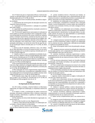 CONHECIMENTOS ESPECÍFICOS
48
48
a solução para o seu concurso!
Editora
Art. 6o
É dever dos pais ou responsáveis efetuar a matrícula das
crianças na educação básica a partir dos 4 (quatro) anos de idade.
(Redação dada pela Lei nº 12.796, de 2013)
Art. 7º O ensino é livre à iniciativa privada, atendidas as seguin-
tes condições:
I - cumprimento das normas gerais da educação nacional e do
respectivo sistema de ensino;
II - autorização de funcionamento e avaliação de qualidade
pelo Poder Público;
III - capacidade de autofinanciamento, ressalvado o previsto no
art. 213 da Constituição Federal.
Art. 7º-A Ao aluno regularmente matriculado em instituição de
ensino pública ou privada, de qualquer nível, é assegurado, no exer-
cício da liberdade de consciência e de crença, o direito de, mediante
prévio e motivado requerimento, ausentar-se de prova ou de aula
marcada para dia em que, segundo os preceitos de sua religião, seja
vedado o exercício de tais atividades, devendo-se-lhe atribuir, a cri-
tério da instituição e sem custos para o aluno, uma das seguintes
prestações alternativas, nos termos do inciso VIII do caput do art.
5º da Constituição Federal: (Incluído pela Lei nº 13.796, de 2019)
(Vigência)
I - prova ou aula de reposição, conforme o caso, a ser realiza-
da em data alternativa, no turno de estudo do aluno ou em outro
horário agendado com sua anuência expressa; (Incluído pela Lei nº
13.796, de 2019) (Vigência)
II - trabalho escrito ou outra modalidade de atividade de pes-
quisa, com tema, objetivo e data de entrega definidos pela institui-
ção de ensino. (Incluído pela Lei nº 13.796, de 2019) (Vigência)
§ 1ºA prestação alternativa deverá observar os parâmetros cur-
riculares e o plano de aula do dia da ausência do aluno. (Incluído
pela Lei nº 13.796, de 2019) (Vigência)
§ 2ºO cumprimento das formas de prestação alternativa de que
trata este artigo substituirá a obrigação original para todos os efei-
tos, inclusive regularização do registro de frequência. (Incluído pela
Lei nº 13.796, de 2019)(Vigência)
§ 3ºAs instituições de ensino implementarão progressivamen-
te, no prazo de 2 (dois) anos, as providências e adaptações necessá-
rias à adequação de seu funcionamento às medidas previstas neste
artigo.(Incluído pela Lei nº 13.796, de 2019) (Vigência)
§ 4ºO disposto neste artigo não se aplica ao ensino militar a
que se refere o art. 83 desta Lei. (Incluído pela Lei nº 13.796, de
2019)(Vigência) (Vide parágrafo único do art. 2)
TÍTULO IV
Da Organização da Educação Nacional
Art. 8º A União, os Estados, o Distrito Federal e os Municípios
organizarão, em regime de colaboração, os respectivos sistemas de
ensino.
§ 1º Caberá à União a coordenação da política nacional de
educação, articulando os diferentes níveis e sistemas e exercendo
função normativa, redistributiva e supletiva em relação às demais
instâncias educacionais.
§ 2º Os sistemas de ensino terão liberdade de organização nos
termos desta Lei.
Art. 9º A União incumbir-se-á de: (Regulamento)
I - elaborar o Plano Nacional de Educação, em colaboração com
os Estados, o Distrito Federal e os Municípios;
II - organizar, manter e desenvolver os órgãos e instituições ofi-
ciais do sistema federal de ensino e o dos Territórios;
III - prestar assistência técnica e financeira aos Estados, ao
Distrito Federal e aos Municípios para o desenvolvimento de seus
sistemas de ensino e o atendimento prioritário à escolaridade obri-
gatória, exercendo sua função redistributiva e supletiva;
IV - estabelecer, em colaboração com os Estados, o Distrito Fe-
deral e os Municípios, competências e diretrizes para a educação
infantil, o ensino fundamental e o ensino médio, que nortearão os
currículos e seus conteúdos mínimos, de modo a assegurar forma-
ção básica comum;
IV-A - estabelecer, em colaboração com os Estados, o Distrito
Federal e os Municípios, diretrizes e procedimentos para identifica-
ção, cadastramento e atendimento, na educação básica e na edu-
cação superior, de alunos com altas habilidades ou superdotação;
(Incluído pela Lei nº 13.234, de 2015)
V - coletar, analisar e disseminar informações sobre a educa-
ção;
VI - assegurar processo nacional de avaliação do rendimento
escolar no ensino fundamental, médio e superior, em colaboração
com os sistemas de ensino, objetivando a definição de prioridades
e a melhoria da qualidade do ensino;
VII - baixar normas gerais sobre cursos de graduação e pós-gra-
duação;
VIII - assegurar processo nacional de avaliação das instituições
de educação superior, com a cooperação dos sistemas que tiverem
responsabilidade sobre este nível de ensino;
IX - autorizar, reconhecer, credenciar, supervisionar e avaliar,
respectivamente, os cursos das instituições de educação superior e
os estabelecimentos do seu sistema de ensino. (Vide Lei nº 10.870,
de 2004)
§ 1º Na estrutura educacional, haverá um Conselho Nacional
de Educação, com funções normativas e de supervisão e atividade
permanente, criado por lei.
§ 2° Para o cumprimento do disposto nos incisos V a IX, a União
terá acesso a todos os dados e informações necessários de todos os
estabelecimentos e órgãos educacionais.
§ 3º As atribuições constantes do inciso IX poderão ser delega-
das aos Estados e ao Distrito Federal, desde que mantenham insti-
tuições de educação superior.
Art. 10. Os Estados incumbir-se-ão de:
I - organizar, manter e desenvolver os órgãos e instituições ofi-
ciais dos seus sistemas de ensino;
II - definir, com os Municípios, formas de colaboração na ofer-
ta do ensino fundamental, as quais devem assegurar a distribuição
proporcional das responsabilidades, de acordo com a população a
ser atendida e os recursos financeiros disponíveis em cada uma des-
sas esferas do Poder Público;
III - elaborar e executar políticas e planos educacionais, em
consonância com as diretrizes e planos nacionais de educação, in-
tegrando e coordenando as suas ações e as dos seus Municípios;
IV - autorizar, reconhecer, credenciar, supervisionar e avaliar,
respectivamente, os cursos das instituições de educação superior e
os estabelecimentos do seu sistema de ensino;
V - baixar normas complementares para o seu sistema de en-
sino;
VI - assegurar o ensino fundamental e oferecer, com prioridade,
o ensino médio a todos que o demandarem, respeitado o disposto
no art. 38 desta Lei; (Redação dada pela Lei nº 12.061, de 2009)
VII - assumir o transporte escolar dos alunos da rede estadual.
(Incluído pela Lei nº 10.709, de 31.7.2003)
 