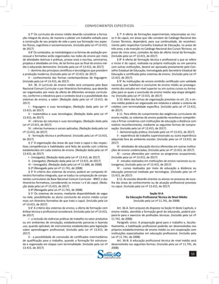 CONHECIMENTOS ESPECÍFICOS
53
a solução para o seu concurso!
Editora
§ 7o
Os currículos do ensino médio deverão considerar a forma-
ção integral do aluno, de maneira a adotar um trabalho voltado para
a construção de seu projeto de vida e para sua formação nos aspec-
tos físicos, cognitivos e socioemocionais. (Incluído pela Lei nº 13.415,
de 2017)
§ 8o
Os conteúdos, as metodologias e as formas de avaliação pro-
cessual e formativa serão organizados nas redes de ensino por meio
de atividades teóricas e práticas, provas orais e escritas, seminários,
projetos e atividades on-line, de tal forma que ao final do ensino mé-
dio o educando demonstre: (Incluído pela Lei nº 13.415, de 2017)
I - domínio dos princípios científicos e tecnológicos que presidem
a produção moderna; (Incluído pela Lei nº 13.415, de 2017)
II - conhecimento das formas contemporâneas de linguagem.
(Incluído pela Lei nº 13.415, de 2017)
Art. 36. O currículo do ensino médio será composto pela Base
Nacional Comum Curricular e por itinerários formativos, que deverão
ser organizados por meio da oferta de diferentes arranjos curricula-
res, conforme a relevância para o contexto local e a possibilidade dos
sistemas de ensino, a saber: (Redação dada pela Lei nº 13.415, de
2017)
I - linguagens e suas tecnologias; (Redação dada pela Lei nº
13.415, de 2017)
II - matemática e suas tecnologias; (Redação dada pela Lei nº
13.415, de 2017)
III - ciências da natureza e suas tecnologias; (Redação dada pela
Lei nº 13.415, de 2017)
IV - ciências humanas e sociais aplicadas; (Redação dada pela Lei
nº 13.415, de 2017)
V - formação técnica e profissional. (Incluído pela Lei nº 13.415,
de 2017)
§ 1o
A organização das áreas de que trata o caput e das respec-
tivas competências e habilidades será feita de acordo com critérios
estabelecidos em cada sistema de ensino. (Redação dada pela Lei nº
13.415, de 2017)
I - (revogado); (Redação dada pela Lei nº 13.415, de 2017)
II - (revogado); (Redação dada pela Lei nº 13.415, de 2017)
III – (revogado). (Redação dada pela Lei nº 11.684, de 2008)
§ 2º (Revogado pela Lei nº 11.741, de 2008)
§ 3o
A critério dos sistemas de ensino, poderá ser composto iti-
nerário formativo integrado, que se traduz na composição de compo-
nentes curriculares da Base Nacional Comum Curricular - BNCC e dos
itinerários formativos, considerando os incisos I a V do caput. (Reda-
ção dada pela Lei nº 13.415, de 2017)
§ 4º (Revogado pela Lei nº 11.741, de 2008)
§ 5o
Os sistemas de ensino, mediante disponibilidade de vagas
na rede, possibilitarão ao aluno concluinte do ensino médio cursar
mais um itinerário formativo de que trata o caput. (Incluído pela Lei
nº 13.415, de 2017)
§ 6o
A critério dos sistemas de ensino, a oferta de formação com
ênfase técnica e profissional considerará: (Incluído pela Lei nº 13.415,
de 2017)
I - a inclusão de vivências práticas de trabalho no setor produtivo
ou em ambientes de simulação, estabelecendo parcerias e fazendo
uso, quando aplicável, de instrumentos estabelecidos pela legislação
sobre aprendizagem profissional; (Incluído pela Lei nº 13.415, de
2017)
II - a possibilidade de concessão de certificados intermediários
de qualificação para o trabalho, quando a formação for estrutura-
da e organizada em etapas com terminalidade. (Incluído pela Lei nº
13.415, de 2017)
§ 7o
A oferta de formações experimentais relacionadas ao inci-
so V do caput, em áreas que não constem do Catálogo Nacional dos
Cursos Técnicos, dependerá, para sua continuidade, do reconheci-
mento pelo respectivo Conselho Estadual de Educação, no prazo de
três anos, e da inserção no Catálogo Nacional dos Cursos Técnicos, no
prazo de cinco anos, contados da data de oferta inicial da formação.
(Incluído pela Lei nº 13.415, de 2017)
§ 8o
A oferta de formação técnica e profissional a que se refere
o inciso V do caput, realizada na própria instituição ou em parceria
com outras instituições, deverá ser aprovada previamente pelo Con-
selho Estadual de Educação, homologada pelo Secretário Estadual de
Educação e certificada pelos sistemas de ensino. (Incluído pela Lei nº
13.415, de 2017)
§ 9o
As instituições de ensino emitirão certificado com validade
nacional, que habilitará o concluinte do ensino médio ao prossegui-
mento dos estudos em nível superior ou em outros cursos ou forma-
ções para os quais a conclusão do ensino médio seja etapa obrigató-
ria. (Incluído pela Lei nº 13.415, de 2017)
§ 10. Além das formas de organização previstas no art. 23, o en-
sino médio poderá ser organizado em módulos e adotar o sistema de
créditos com terminalidade específica. (Incluído pela Lei nº 13.415,
de 2017)
§ 11. Para efeito de cumprimento das exigências curriculares do
ensino médio, os sistemas de ensino poderão reconhecer competên-
cias e firmar convênios com instituições de educação a distância com
notório reconhecimento, mediante as seguintes formas de compro-
vação: (Incluído pela Lei nº 13.415, de 2017)
I - demonstração prática; (Incluído pela Lei nº 13.415, de 2017)
II - experiência de trabalho supervisionado ou outra experiência
adquirida fora do ambiente escolar; (Incluído pela Lei nº 13.415, de
2017)
III - atividades de educação técnica oferecidas em outras institui-
ções de ensino credenciadas; (Incluído pela Lei nº 13.415, de 2017)
IV - cursos oferecidos por centros ou programas ocupacionais;
(Incluído pela Lei nº 13.415, de 2017)
V - estudos realizados em instituições de ensino nacionais ou es-
trangeiras; (Incluído pela Lei nº 13.415, de 2017)
VI - cursos realizados por meio de educação a distância ou
educação presencial mediada por tecnologias. (Incluído pela Lei nº
13.415, de 2017)
§ 12. As escolas deverão orientar os alunos no processo de esco-
lha das áreas de conhecimento ou de atuação profissional previstas
no caput. (Incluído pela Lei nº 13.415, de 2017)
Seção IV-A
Da Educação Profissional Técnica de Nível Médio
(Incluído pela Lei nº 11.741, de 2008)
Art. 36-A. Sem prejuízo do disposto na Seção IV deste Capítulo, o
ensino médio, atendida a formação geral do educando, poderá pre-
pará-lo para o exercício de profissões técnicas. (Incluído pela Lei nº
11.741, de 2008)
Parágrafo único. A preparação geral para o trabalho e, faculta-
tivamente, a habilitação profissional poderão ser desenvolvidas nos
próprios estabelecimentos de ensino médio ou em cooperação com
instituições especializadas em educação profissional. (Incluído pela
Lei nº 11.741, de 2008)
Art. 36-B. A educação profissional técnica de nível médio será
desenvolvida nas seguintes formas: (Incluído pela Lei nº 11.741, de
2008)
 
