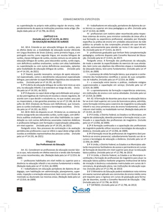 CONHECIMENTOS ESPECÍFICOS
58
58
a solução para o seu concurso!
Editora
ou superdotação na própria rede pública regular de ensino, inde-
pendentemente do apoio às instituições previstas neste artigo. (Re-
dação dada pela Lei nº 12.796, de 2013)
CAPÍTULO V-A
(Incluído pela Lei nº 14.191, de 2021)
DA EDUCAÇÃO BILÍNGUE DE SURDOS
Art. 60-A. Entende-se por educação bilíngue de surdos, para
os efeitos desta Lei, a modalidade de educação escolar oferecida
em Língua Brasileira de Sinais (Libras), como primeira língua, e em
português escrito, como segunda língua, em escolas bilíngues de
surdos, classes bilíngues de surdos, escolas comuns ou em polos de
educação bilíngue de surdos, para educandos surdos, surdo-cegos,
com deficiência auditiva sinalizantes, surdos com altas habilidades
ou superdotação ou com outras deficiências associadas, optantes
pela modalidade de educação bilíngue de surdos. (Incluído pela
Lei nº 14.191, de 2021)
§ 1º Haverá, quando necessário, serviços de apoio educacio-
nal especializado, como o atendimento educacional especializado
bilíngue, para atender às especificidades linguísticas dos estudantes
surdos. (Incluído pela Lei nº 14.191, de 2021)
§ 2º A oferta de educação bilíngue de surdos terá início ao zero
ano, na educação infantil, e se estenderá ao longo da vida. (Inclu-
ído pela Lei nº 14.191, de 2021)
§ 3º O disposto no caput deste artigo será efetivado sem prejuí-
zo das prerrogativas de matrícula em escolas e classes regulares, de
acordo com o que decidir o estudante ou, no que couber, seus pais
ou responsáveis, e das garantias previstas na Lei nº 13.146, de 6 de
julho de 2015 (Estatuto da Pessoa com Deficiência), que incluem,
para os surdos oralizados, o acesso a tecnologias assistivas. (Inclu-
ído pela Lei nº 14.191, de 2021)
Art. 60-B. Além do disposto no art. 59 desta Lei, os sistemas de
ensino assegurarão aos educandos surdos, surdo-cegos, com defici-
ência auditiva sinalizantes, surdos com altas habilidades ou super-
dotação ou com outras deficiências associadas materiais didáticos
e professores bilíngues com formação e especialização adequadas,
em nível superior. (Incluído pela Lei nº 14.191, de 2021)
Parágrafo único. Nos processos de contratação e de avaliação
periódica dos professores a que se refere o caput deste artigo serão
ouvidas as entidades representativas das pessoas surdas. (Incluído
pela Lei nº 14.191, de 2021)
TÍTULO VI
Dos Profissionais da Educação
Art. 61. Consideram-se profissionais da educação escolar bási-
ca os que, nela estando em efetivo exercício e tendo sido formados
em cursos reconhecidos, são: (Redação dada pela Lei nº 12.014, de
2009)
I – professores habilitados em nível médio ou superior para a
docência na educação infantil e nos ensinos fundamental e médio;
(Redação dada pela Lei nº 12.014, de 2009)
II – trabalhadores em educação portadores de diploma de pe-
dagogia, com habilitação em administração, planejamento, super-
visão, inspeção e orientação educacional, bem como com títulos de
mestrado ou doutorado nas mesmas áreas; (Redação dada pela Lei
nº 12.014, de 2009)
III – trabalhadores em educação, portadores de diploma de cur-
so técnico ou superior em área pedagógica ou afim. (Incluído pela
Lei nº 12.014, de 2009)
IV - profissionais com notório saber reconhecido pelos respec-
tivos sistemas de ensino, para ministrar conteúdos de áreas afins à
sua formação ou experiência profissional, atestados por titulação
específica ou prática de ensino em unidades educacionais da rede
pública ou privada ou das corporações privadas em que tenham
atuado, exclusivamente para atender ao inciso V do caput do art.
36; (Incluído pela lei nº 13.415, de 2017)
V - profissionais graduados que tenham feito complementação
pedagógica, conforme disposto pelo Conselho Nacional de Educa-
ção. (Incluído pela lei nº 13.415, de 2017)
Parágrafo único. A formação dos profissionais da educação,
de modo a atender às especificidades do exercício de suas ativida-
des, bem como aos objetivos das diferentes etapas e modalidades
da educação básica, terá como fundamentos: (Incluído pela Lei nº
12.014, de 2009)
I – a presença de sólida formação básica, que propicie o conhe-
cimento dos fundamentos científicos e sociais de suas competên-
cias de trabalho; (Incluído pela Lei nº 12.014, de 2009)
II – a associação entre teorias e práticas, mediante estágios
supervisionados e capacitação em serviço; (Incluído pela Lei nº
12.014, de 2009)
III – o aproveitamento da formação e experiências anteriores,
em instituições de ensino e em outras atividades. (Incluído pela Lei
nº 12.014, de 2009)
Art. 62. A formação de docentes para atuar na educação básica
far-se-á em nível superior, em curso de licenciatura plena, admitida,
como formação mínima para o exercício do magistério na educação
infantil e nos cinco primeiros anos do ensino fundamental, a ofere-
cida em nível médio, na modalidade normal. (Redação dada pela lei
nº 13.415, de 2017)
§ 1º A União, o Distrito Federal, os Estados e os Municípios, em
regime de colaboração, deverão promover a formação inicial, a con-
tinuada e a capacitação dos profissionais de magistério. (Incluído
pela Lei nº 12.056, de 2009).
§ 2º A formação continuada e a capacitação dos profissionais
de magistério poderão utilizar recursos e tecnologias de educação a
distância. (Incluído pela Lei nº 12.056, de 2009).
§ 3º A formação inicial de profissionais de magistério dará pre-
ferência ao ensino presencial, subsidiariamente fazendo uso de re-
cursos e tecnologias de educação a distância. (Incluído pela Lei nº
12.056, de 2009).
§ 4o
A União, o Distrito Federal, os Estados e os Municípios ado-
tarão mecanismos facilitadores de acesso e permanência em cursos
de formação de docentes em nível superior para atuar na educação
básica pública. (Incluído pela Lei nº 12.796, de 2013)
§ 5o
A União, o Distrito Federal, os Estados e os Municípios in-
centivarão a formação de profissionais do magistério para atuar na
educação básica pública mediante programa institucional de bolsa
de iniciação à docência a estudantes matriculados em cursos de li-
cenciatura, de graduação plena, nas instituições de educação supe-
rior. (Incluído pela Lei nº 12.796, de 2013)
§ 6o
O Ministério da Educação poderá estabelecer nota mínima
em exame nacional aplicado aos concluintes do ensino médio como
pré-requisito para o ingresso em cursos de graduação para forma-
ção de docentes, ouvido o Conselho Nacional de Educação - CNE.
(Incluído pela Lei nº 12.796, de 2013)
§ 7o
(VETADO). (Incluído pela Lei nº 12.796, de 2013)
 