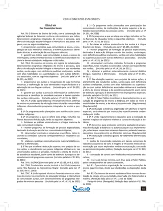 CONHECIMENTOS ESPECÍFICOS
61
a solução para o seu concurso!
Editora
TÍTULO VIII
Das Disposições Gerais
Art. 78. O Sistema de Ensino da União, com a colaboração das
agências federais de fomento à cultura e de assistência aos índios,
desenvolverá programas integrados de ensino e pesquisa, para
oferta de educação escolar bilingue e intercultural aos povos indí-
genas, com os seguintes objetivos:
I - proporcionar aos índios, suas comunidades e povos, a recu-
peração de suas memórias históricas; a reafirmação de suas identi-
dades étnicas; a valorização de suas línguas e ciências;
II - garantir aos índios, suas comunidades e povos, o acesso às
informações, conhecimentos técnicos e científicos da sociedade na-
cional e demais sociedades indígenas e não-índias.
Art. 78-A. Os sistemas de ensino, em regime de colaboração,
desenvolverão programas integrados de ensino e pesquisa, para
oferta de educação escolar bilíngue e intercultural aos estudantes
surdos, surdo-cegos, com deficiência auditiva sinalizantes, surdos
com altas habilidades ou superdotação ou com outras deficiên-
cias associadas, com os seguintes objetivos: (Incluído pela Lei nº
14.191, de 2021)
I - proporcionar aos surdos a recuperação de suas memórias
históricas, a reafirmação de suas identidades e especificidades e a
valorização de sua língua e cultura; (Incluído pela Lei nº 14.191,
de 2021)
II - garantir aos surdos o acesso às informações e conhecimen-
tos técnicos e científicos da sociedade nacional e demais socieda-
des surdas e não surdas. (Incluído pela Lei nº 14.191, de 2021)
Art. 79. A União apoiará técnica e financeiramente os sistemas
de ensino no provimento da educação intercultural às comunidades
indígenas, desenvolvendo programas integrados de ensino e pes-
quisa.
§ 1º Os programas serão planejados com audiência das comu-
nidades indígenas.
§ 2º Os programas a que se refere este artigo, incluídos nos
Planos Nacionais de Educação, terão os seguintes objetivos:
I - fortalecer as práticas socioculturais e a língua materna de
cada comunidade indígena;
II - manter programas de formação de pessoal especializado,
destinado à educação escolar nas comunidades indígenas;
III - desenvolver currículos e programas específicos, neles in-
cluindo os conteúdos culturais correspondentes às respectivas co-
munidades;
IV - elaborar e publicar sistematicamente material didático es-
pecífico e diferenciado.
§ 3o
No que se refere à educação superior, sem prejuízo de ou-
tras ações, o atendimento aos povos indígenas efetivar-se-á, nas
universidades públicas e privadas, mediante a oferta de ensino e
de assistência estudantil, assim como de estímulo à pesquisa e de-
senvolvimento de programas especiais. (Incluído pela Lei nº 12.416,
de 2011)
Art. 79-A. (VETADO) (Incluído pela Lei nº 10.639, de 9.1.2003)
Art. 79-B. O calendário escolar incluirá o dia 20 de novembro
como ‘Dia Nacional da Consciência Negra’. (Incluído pela Lei nº
10.639, de 9.1.2003)
Art. 79-C. A União apoiará técnica e financeiramente os siste-
mas de ensino no provimento da educação bilíngue e intercultural
às comunidades surdas, com desenvolvimento de programas inte-
grados de ensino e pesquisa. (Incluído pela Lei nº 14.191, de 2021)
§ 1º Os programas serão planejados com participação das
comunidades surdas, de instituições de ensino superior e de en-
tidades representativas das pessoas surdas. (Incluído pela Lei nº
14.191, de 2021)
§ 2º Os programas a que se refere este artigo, incluídos no Pla-
no Nacional de Educação, terão os seguintes objetivos: (Incluído
pela Lei nº 14.191, de 2021)
I - fortalecer as práticas socioculturais dos surdos e a Língua
Brasileira de Sinais; (Incluído pela Lei nº 14.191, de 2021)
II - manter programas de formação de pessoal especializado,
destinados à educação bilíngue escolar dos surdos, surdo-cegos,
com deficiência auditiva sinalizantes, surdos com altas habilidades
ou superdotação ou com outras deficiências associadas; (Incluído
pela Lei nº 14.191, de 2021)
III - desenvolver currículos, métodos, formação e programas
específicos, neles incluídos os conteúdos culturais correspondentes
aos surdos; (Incluído pela Lei nº 14.191, de 2021)
IV - elaborar e publicar sistematicamente material didático
bilíngue, específico e diferenciado. (Incluído pela Lei nº 14.191,
de 2021)
§ 3º Na educação superior, sem prejuízo de outras ações, o
atendimento aos estudantes surdos, surdo-cegos, com deficiência
auditiva sinalizantes, surdos com altas habilidades ou superdota-
ção ou com outras deficiências associadas efetivar-se-á mediante
a oferta de ensino bilíngue e de assistência estudantil, assim como
de estímulo à pesquisa e desenvolvimento de programas especiais.
(Incluído pela Lei nº 14.191, de 2021)
Art. 80. O Poder Público incentivará o desenvolvimento e a vei-
culação de programas de ensino a distância, em todos os níveis e
modalidades de ensino, e de educação continuada. (Regulamento)
(Regulamento)
§ 1º A educação a distância, organizada com abertura e regime
especiais, será oferecida por instituições especificamente creden-
ciadas pela União.
§ 2º A União regulamentará os requisitos para a realização de
exames e registro de diploma relativos a cursos de educação a dis-
tância.
§ 3º As normas para produção, controle e avaliação de progra-
mas de educação a distância e a autorização para sua implementa-
ção, caberão aos respectivos sistemas de ensino, podendo haver co-
operação e integração entre os diferentes sistemas. (Regulamento)
§ 4º A educação a distância gozará de tratamento diferenciado,
que incluirá:
I - custos de transmissão reduzidos em canais comerciais de
radiodifusão sonora e de sons e imagens e em outros meios de co-
municação que sejam explorados mediante autorização, concessão
ou permissão do poder público; (Redação dada pela Lei nº 12.603,
de 2012)
II - concessão de canais com finalidades exclusivamente edu-
cativas;
III - reserva de tempo mínimo, sem ônus para o Poder Público,
pelos concessionários de canais comerciais.
Art. 81. É permitida a organização de cursos ou instituições de
ensino experimentais, desde que obedecidas as disposições desta
Lei.
Art. 82. Os sistemas de ensino estabelecerão as normas de rea-
lização de estágio em sua jurisdição, observada a lei federal sobre a
matéria. (Redação dada pela Lei nº 11.788, de 2008)
Parágrafo único. (Revogado). (Redação dada pela Lei nº 11.788,
de 2008)
 