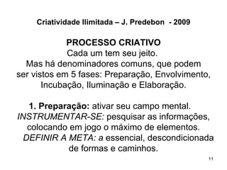 Criatividade Ilimitada – J. Predebon - 2009

             PROCESSO CRIATIVO
             Cada um tem seu jeito.
  Mas há denominadores comuns, que podem
ser vistos em 5 fases: Preparação, Envolvimento,
       Incubação, Iluminação e Elaboração.

   1. Preparação: ativar seu campo mental.
INSTRUMENTAR-SE: pesquisar as informações,
   colocando em jogo o máximo de elementos.
  DEFINIR A META: a essencial, descondicionada
             de formas e caminhos.
                                                   11
 